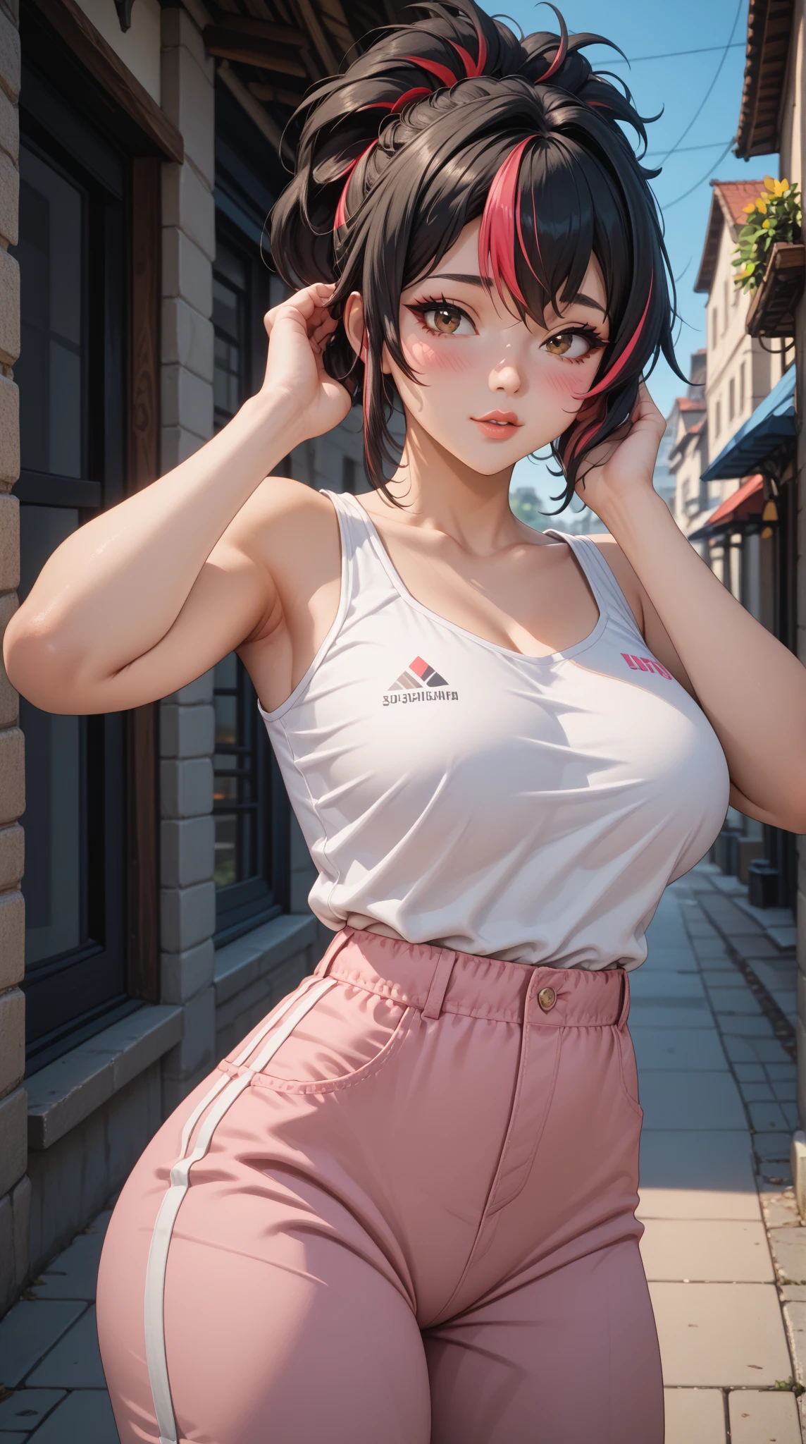 (Asian female model, wearing a sexy cropped pink top and shorts),(Soft pink, elegant clothes),(Tall and slender, graceful, pink highlights the beauty),(Slender waist, gorgeous and young, Goma and peach style), (static medium shot, Korean female fashion model, neon street background)