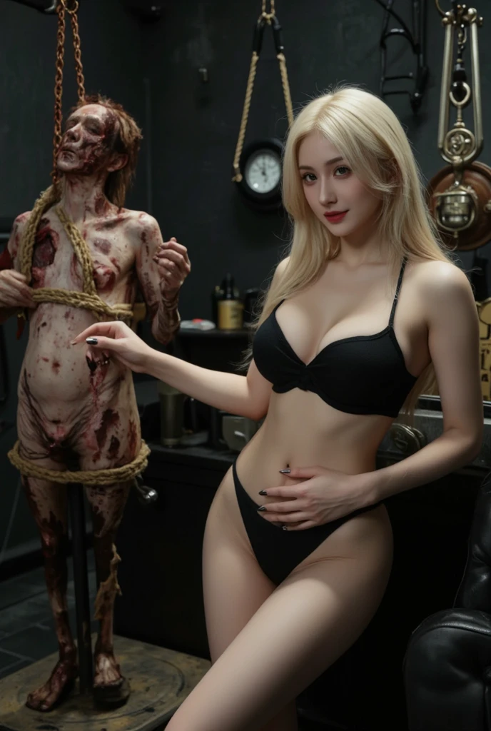 (((photorealistic:1.4))), ultra realistic, pores, (((masterpiece))),high quality, ultra details, realistic white skin beautiful face pretty korean idol adult smilling bloody woman showing very long sharp black fingernails, holding whipbull on hand, model, very pretty, vein on hands, wearing sexy outfit, pretty long legs, ring on fingers, long yellow hair, long earrings, big necklace, standing next to painful expression of realistic ugly old man tied up on the post with throat ripped, blood splatter everywhere, extreme gore, looking at camera, high post, night, torture room with torture device on the table