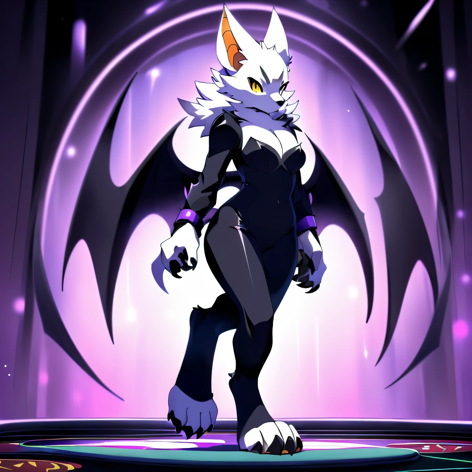 Anime, anime style, ((single person:2)), ((solo drawing:2)), ((solo:2)), ((three-quarter view)), ((Looking to the side)), ((female Anthro bat)), ((Tall figure)), ((buxom figure)), ((short white fur)), clawed hands, ((clawed paws)), ((Single Pair of Wings)), ((Huge Bat Wings)), ((Purple and black Bat Wings:1.2)), ((white bat ears)), ((wearing a dark intimidating outfit)), ((white face)), ((neutral expression)), vivid golden eyes, ((digitigrade legs)), ((digitigrade feet)), ((walking through a dark casino)), highly detailed anime style, clean lines, white face, short white muzzle, white furry cheeks, white furry muzzle, ((white foot paws)), ((foot paws with four toes)), ((Claws on paws))