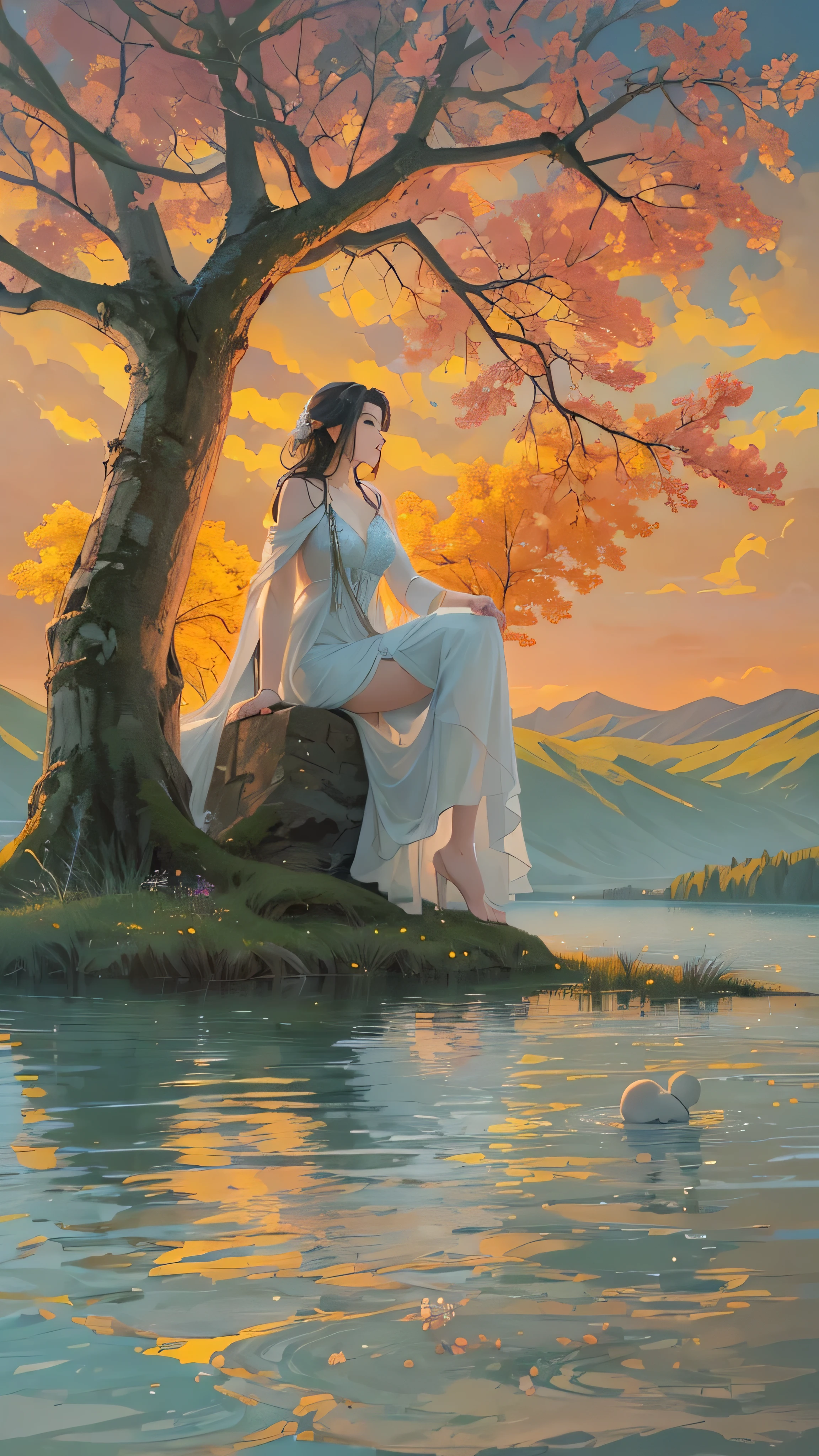 Painting of a woman sitting on a rock by a lake - SeaArt AI