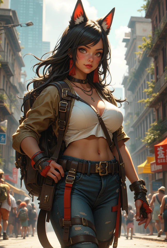 Female busty cat backpacker carrying a rucksack, covered gigantic breasts, small waist, city street, cowboy shot