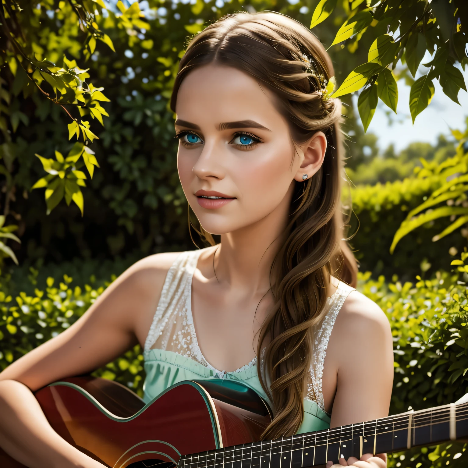 girl with guitar, 1girl, beautiful detailed eyes, beautiful detailed lips, extremely detailed face, long eyelashes, playing acoustic guitar, serene expression, sitting outdoors, natural sunlight, lush green garden background, photorealistic, highly detailed, 8k, cinematic lighting, vibrant colors, dramatic composition