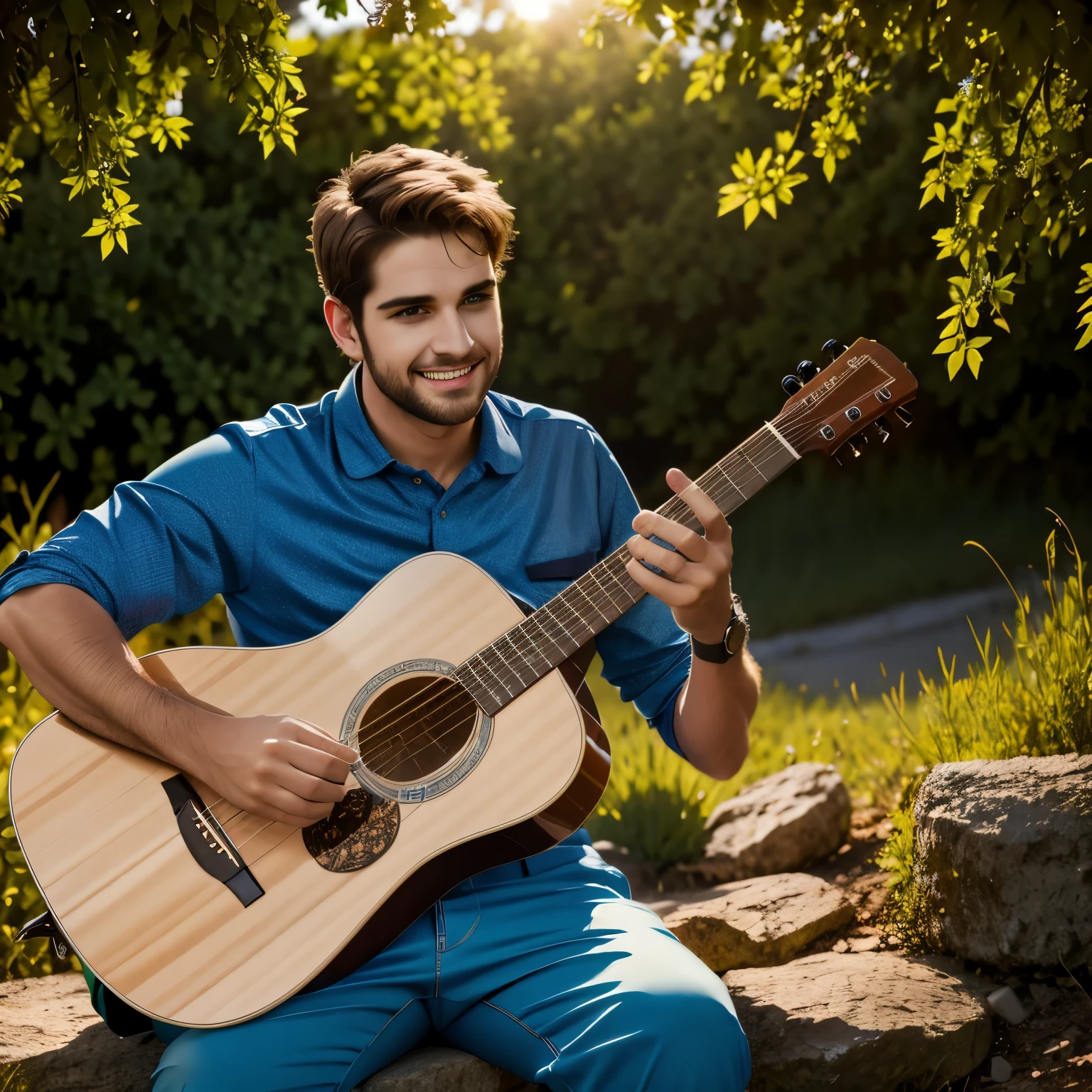 a man playing an acoustic guitar, detailed face and hands, beautiful eyes, realistic skin texture, warm lighting, sitting outdoors in a peaceful natural environment, cinematic composition, highly detailed, photorealistic, 8k, (best quality, 4k, 8k, highres, masterpiece:1.2), ultra-detailed, (realistic, photorealistic, photo-realistic:1.37), HDR, studio lighting, extremely detailed description, vivid colors, natural light, golden hour, landscape, environmental portrait