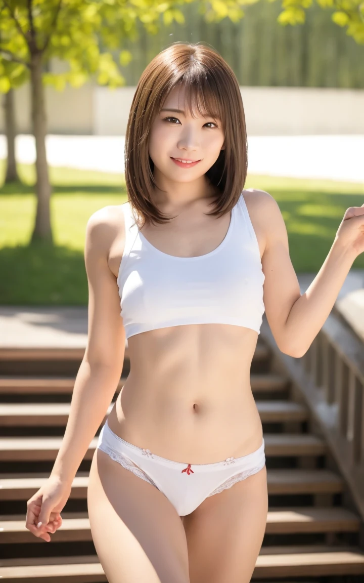 solo, short ponytails,beautiful girl,,,highschool stude48,nogizaka46,pink nipple,small breasts,skinny,2girl,((multiple girls)), from below, black hair, light smile, daypack, bangs, , pov, , short pink sleeves, standing, black eyes, mole, masterpiece, best quality, ultra quality, high quality, realistic, photo realistic, RAW photo, hyper detailed, intricate detailed, train station, train,upperbody,(bottomless:1.8),(white panties:1.5),fullnude,