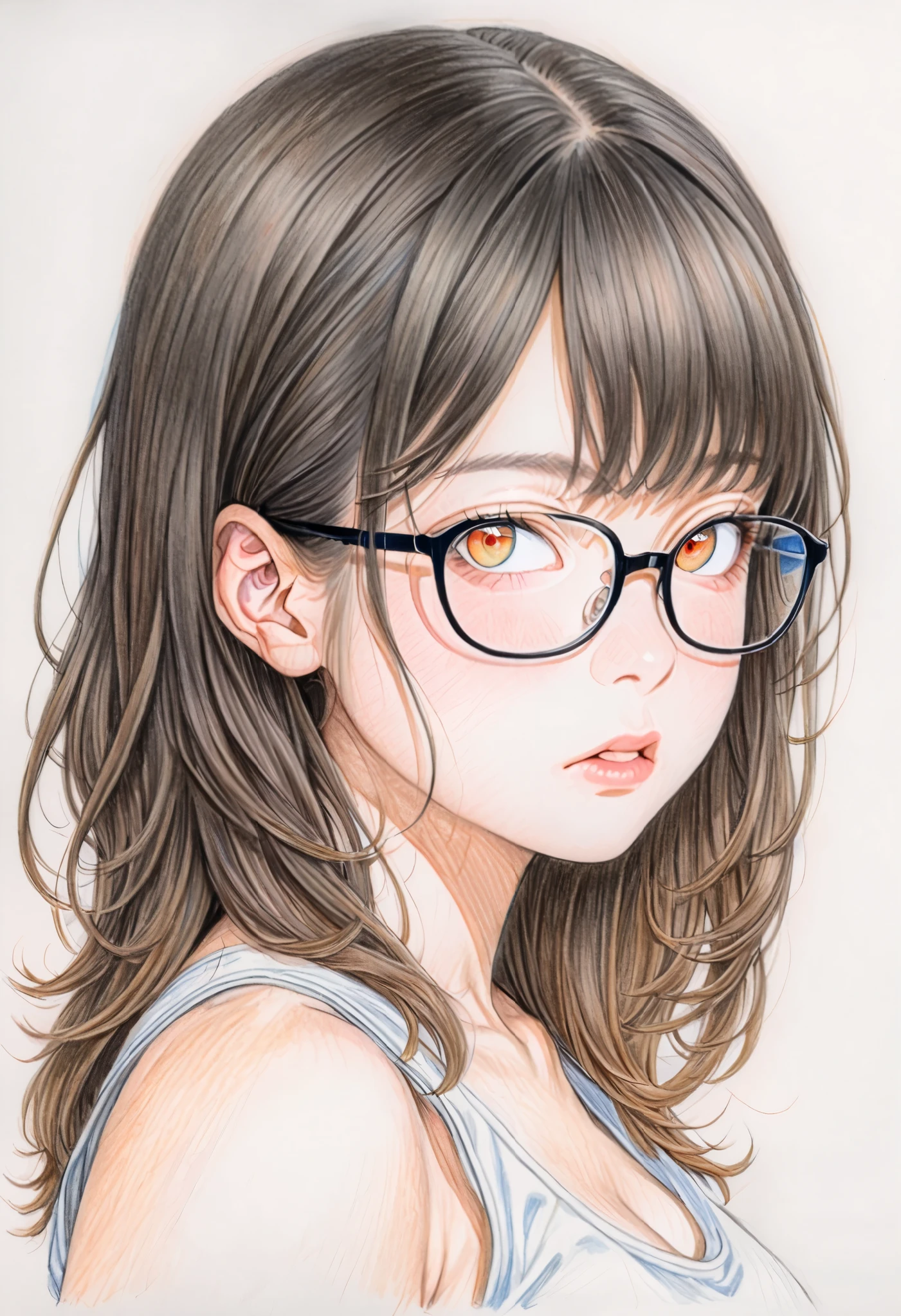 One girl, alone, Super detailed face, (((art, Colored pencil drawing, draft, White background, portrait))), (((glasses))), 24-year-old, He is wearing a white short tank top, The chest is visiOne girl, alone, Super detailed face, art, Colored pencil drawing, draft, White background, portrait, glasses, 24-year-old, He is wearing a white short tank top, The chest is visible, Big Breasts, big ass, Are standing, 