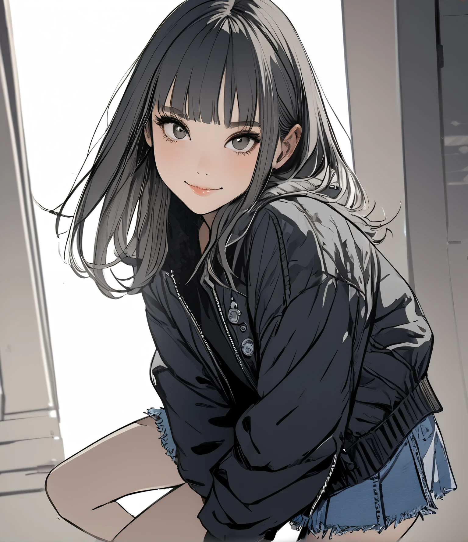 ((( Masterpiece)))、(( 1girl ))、(((8k)))、(sketch),
(signature pose)、dynamic pose,Age 18、((drooping eyes)),(Wisteria:0.1),dark gray eyes, hair,Bangs that catch your eyes a little,smile.
,winter Clothes 、blouson 、boots、denim micro mini skirt,
(Top Quality I )、 detailed face 、 detail texture 、View the depth of the writing垂れ目, raise eyebrows , fuzzy expression ,