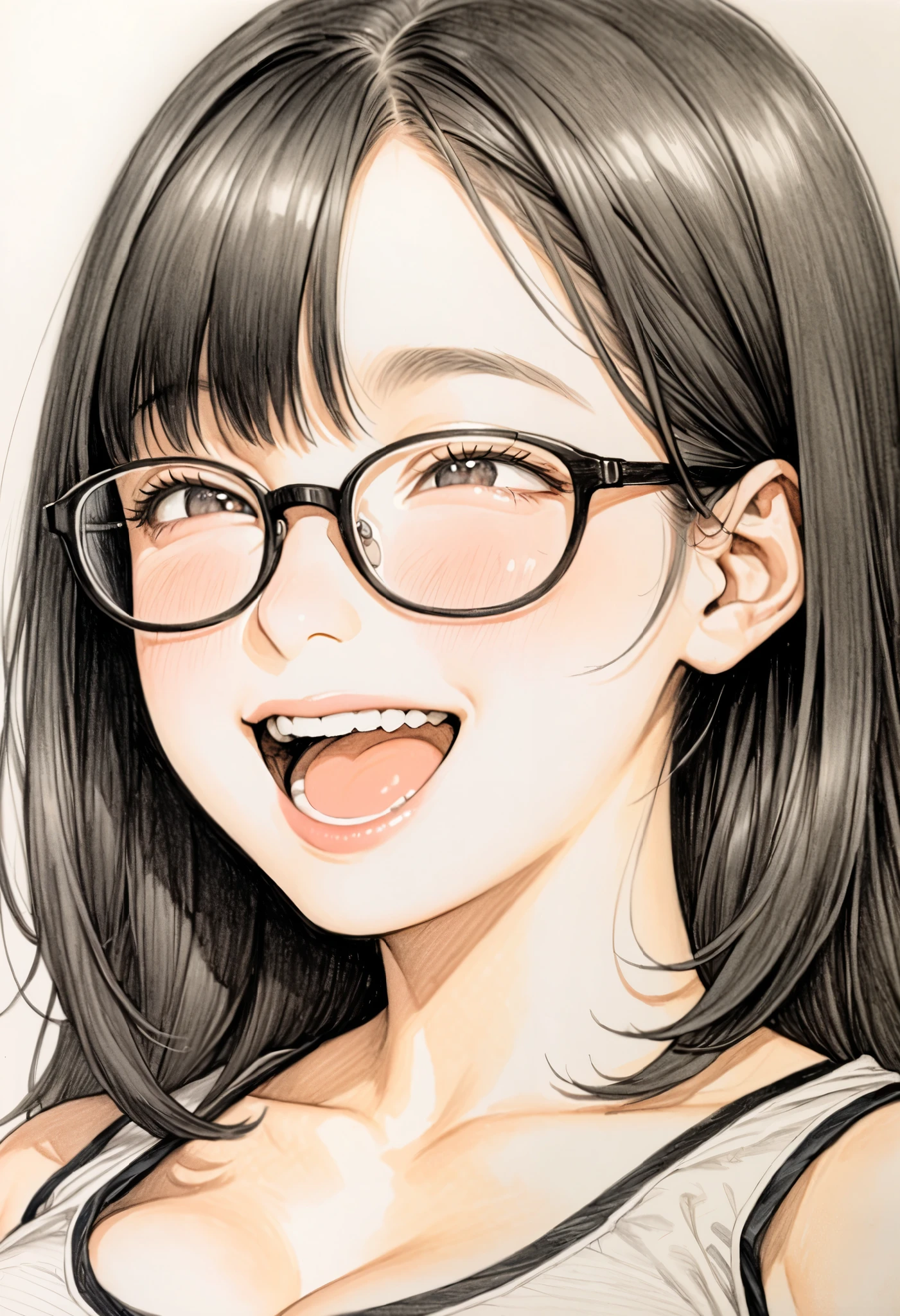 One girl, alone, Super detailed face, art, pencil drawing, draft, White background, portrait, glasses, 24-year-old, smile, (huge Laughing:1.1), (open mouth:1.1), white short tank top, The chest is visible, Big Breasts, big ass, Are standing, 