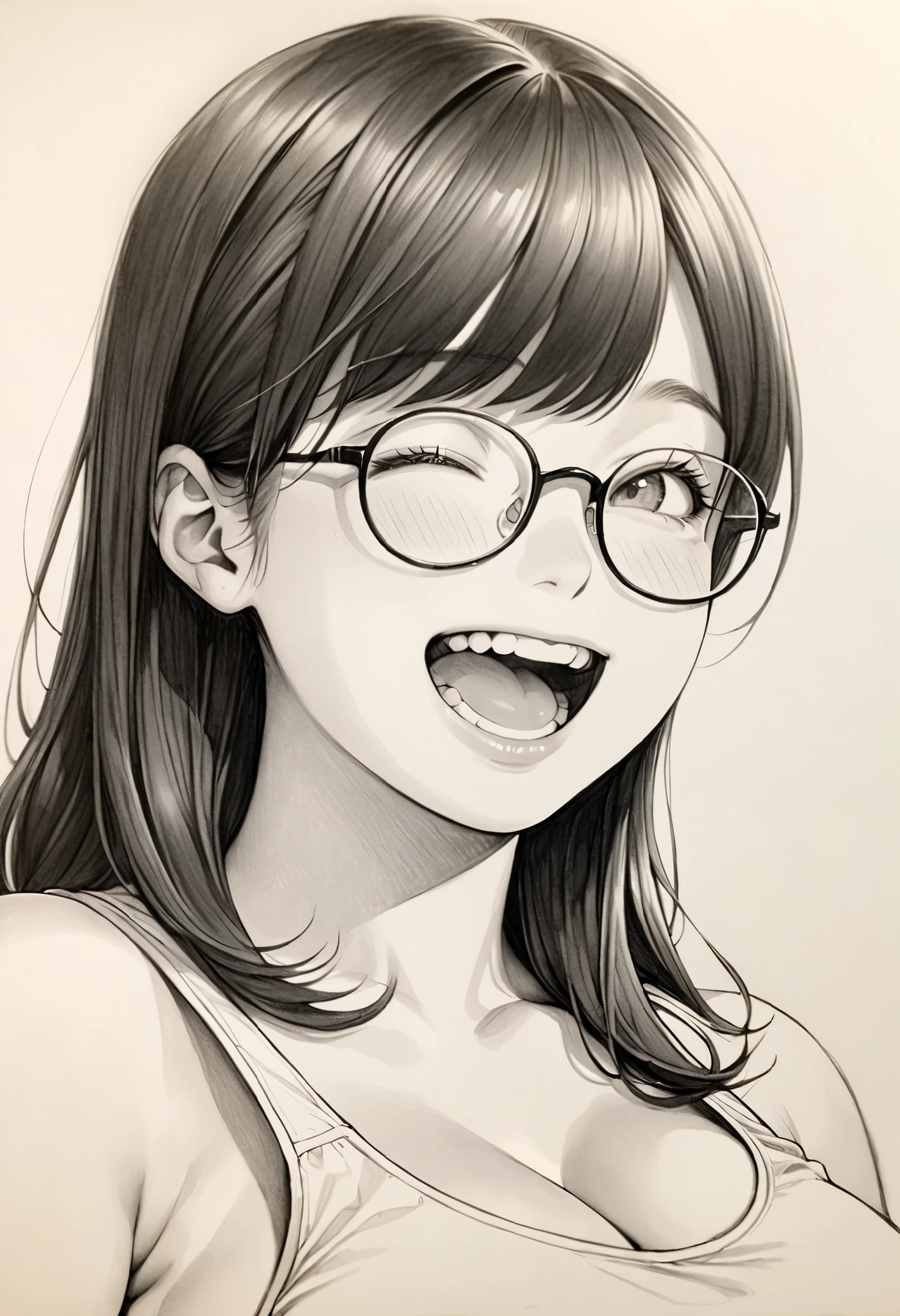 One girl, alone, Super detailed face, art, pencil drawing, draft, White background, portrait, glasses, 24-year-old, smile, (huge Laughing:1.1), (open mouth:1.1), white short tank top, The chest is visible, Big Breasts, big ass, Are standing, 