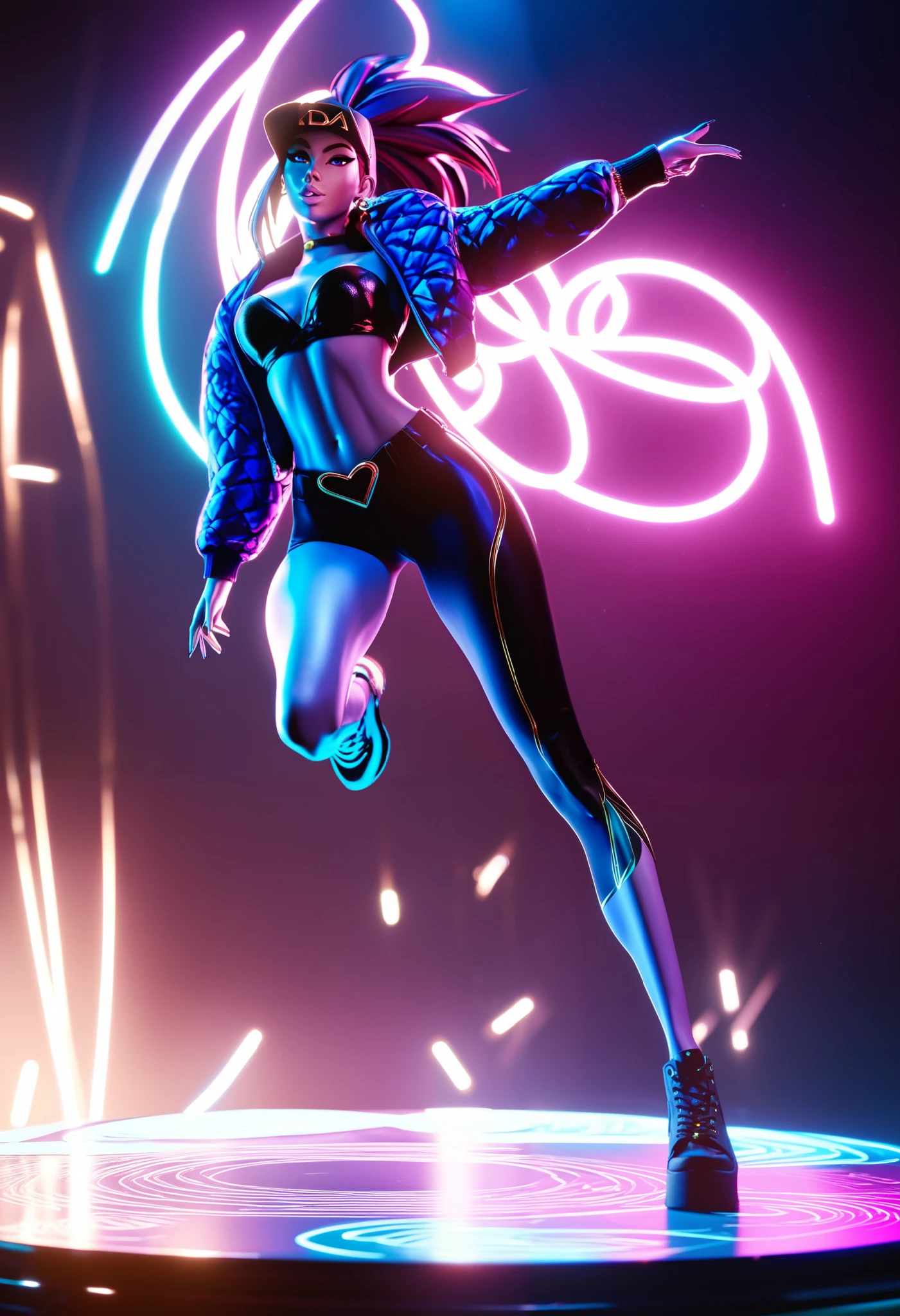 masterpiece, best quality, vibrant, very aesthetic, high contrast, 3d render, solo, 1girl, k/da all out akali, purple skin, blacklight, neon body paint, dancing, dynamic pose, glow, nightclub, masterwork, raytracing, highly detailed, absurdres, masterful composition, cinematic lighting
