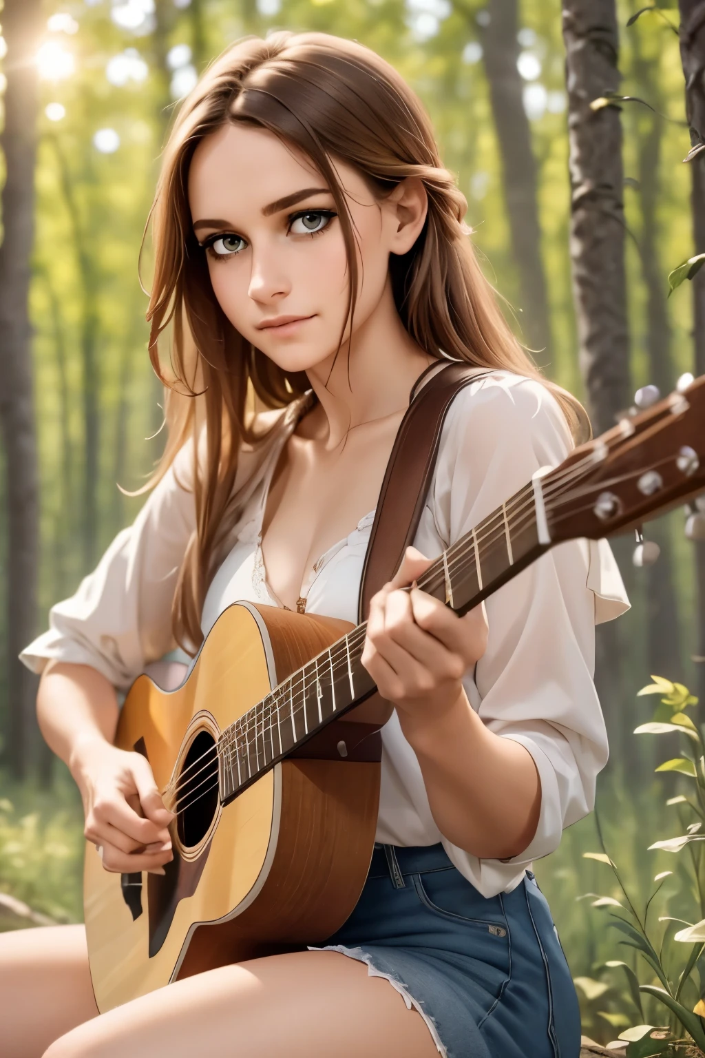 a man playing an acoustic guitar, detailed face and hands, beautiful eyes, realistic skin texture, warm lighting, sitting outdoors in a peaceful natural environment, cinematic composition, highly detailed, photorealistic, 8k, (best quality, 4k, 8k, highres, masterpiece:1.2), ultra-detailed, (realistic, photorealistic, photo-realistic:1.37), HDR, studio lighting, extremely detailed description, vivid colors, natural light, golden hour, landscape, environmental portrait