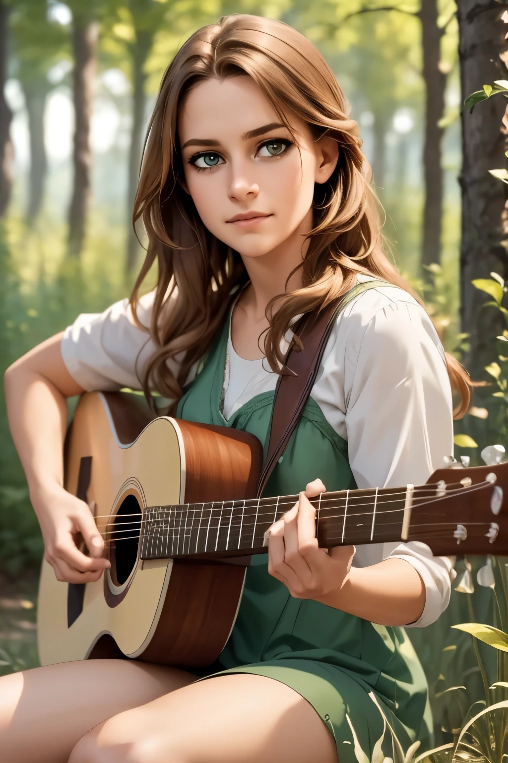 a man playing an acoustic guitar, detailed face and hands, beautiful eyes, realistic skin texture, warm lighting, sitting outdoors in a peaceful natural environment, cinematic composition, highly detailed, photorealistic, 8k, (best quality, 4k, 8k, highres, masterpiece:1.2), ultra-detailed, (realistic, photorealistic, photo-realistic:1.37), HDR, studio lighting, extremely detailed description, vivid colors, natural light, golden hour, landscape, environmental portrait