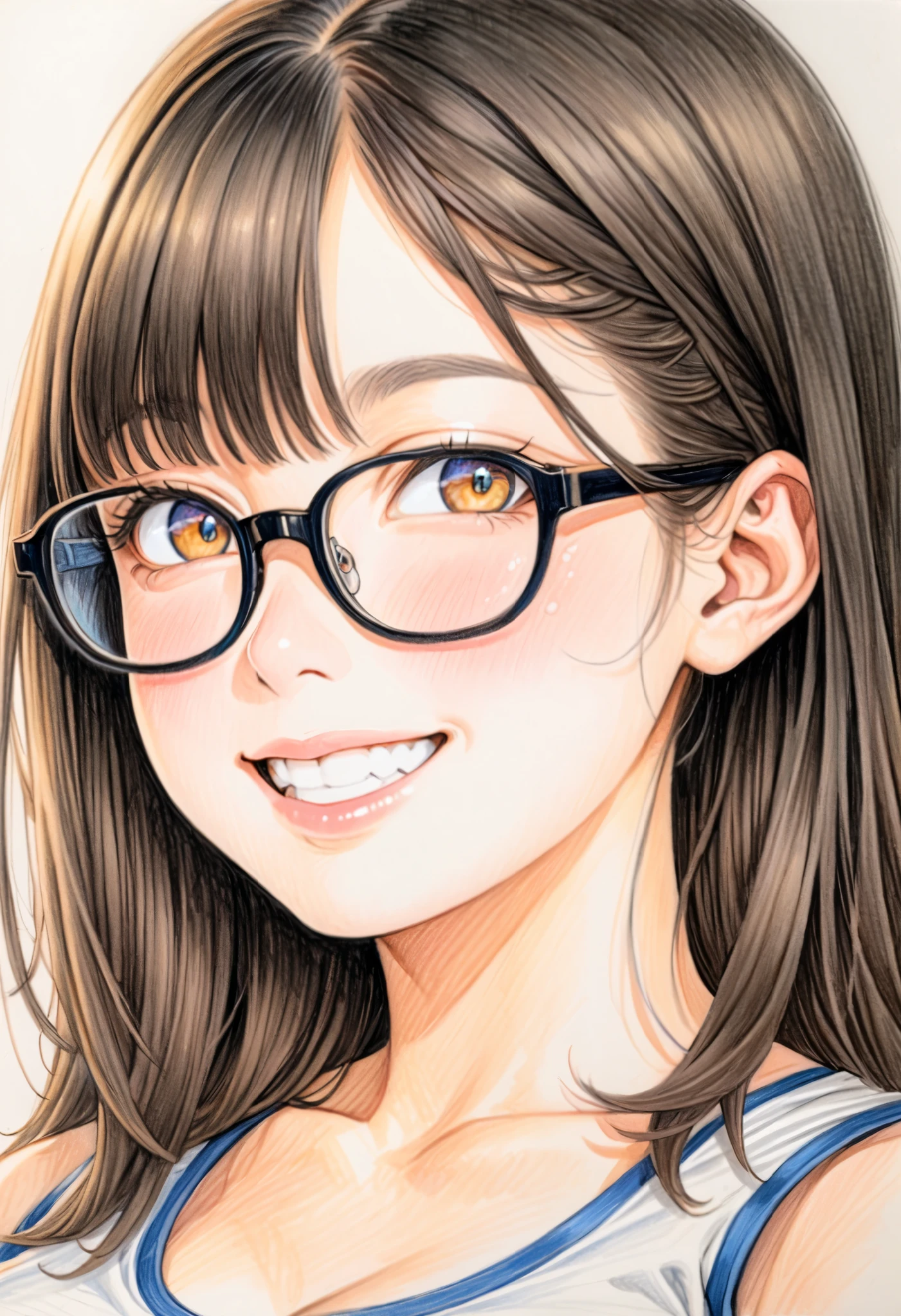 One girl, alone, Super detailed face, art, Colored pencil drawing, draft, White background, portrait, glasses, 24-year-old, smile, (open mouth:1.0), white short tank top, The chest is visible, Big Breasts, big ass, Are standing, 