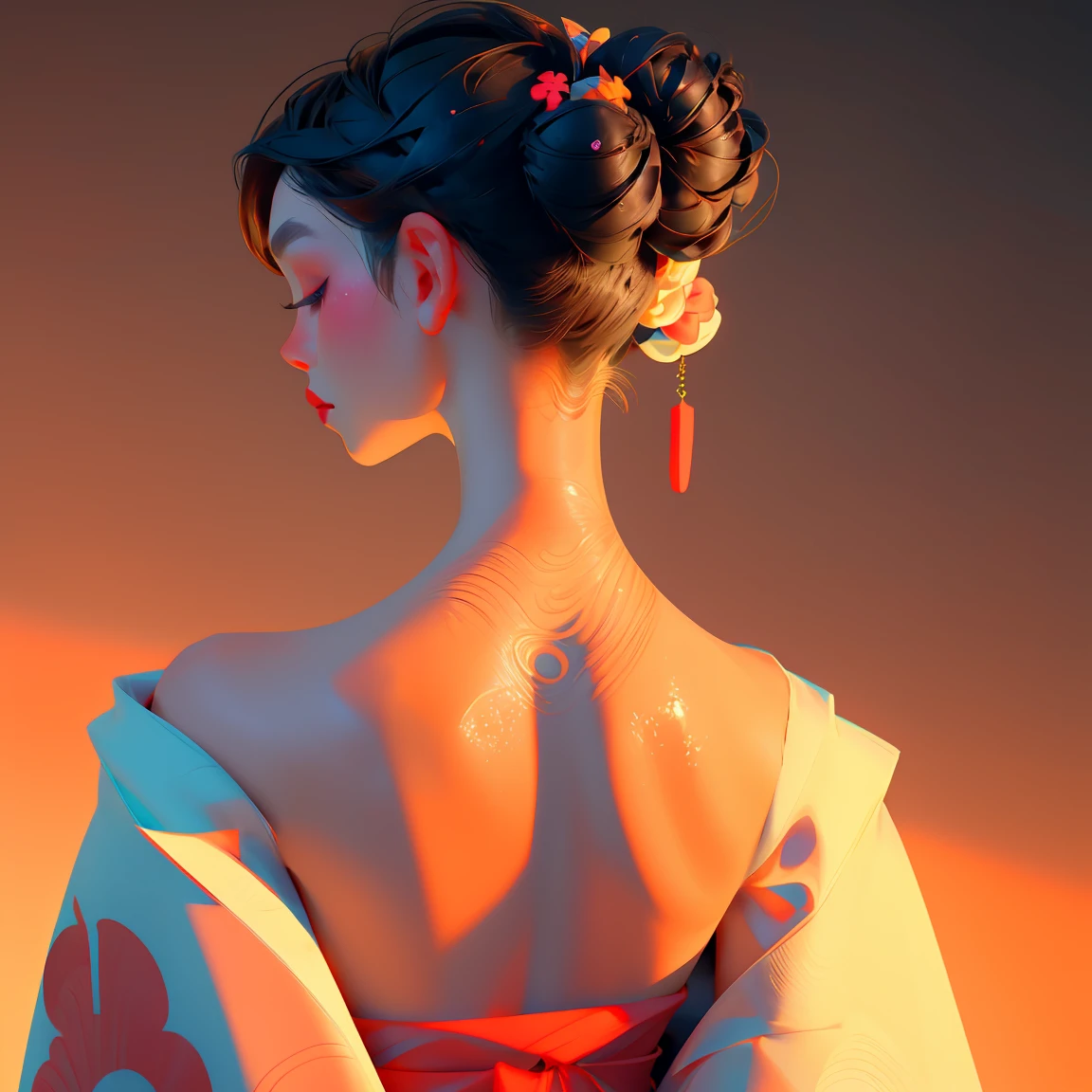 (masterpiece best quality:1.4),1girl, (tattoo of chinese text:1.5), solo, back tattoo, hair flowers, long hair, blue eyes, looking at viewer,back tattoo,tattoo,looking back, from behind, black hair, tassel, bare shoulders, hanfu, chinese clothes,back, bangs, upper body, earrings, indoors, nape, off shoulder, jewelry, eyelashes, lips, back focus, profile, hair bun, sliding doors, piercing, single hair bun,