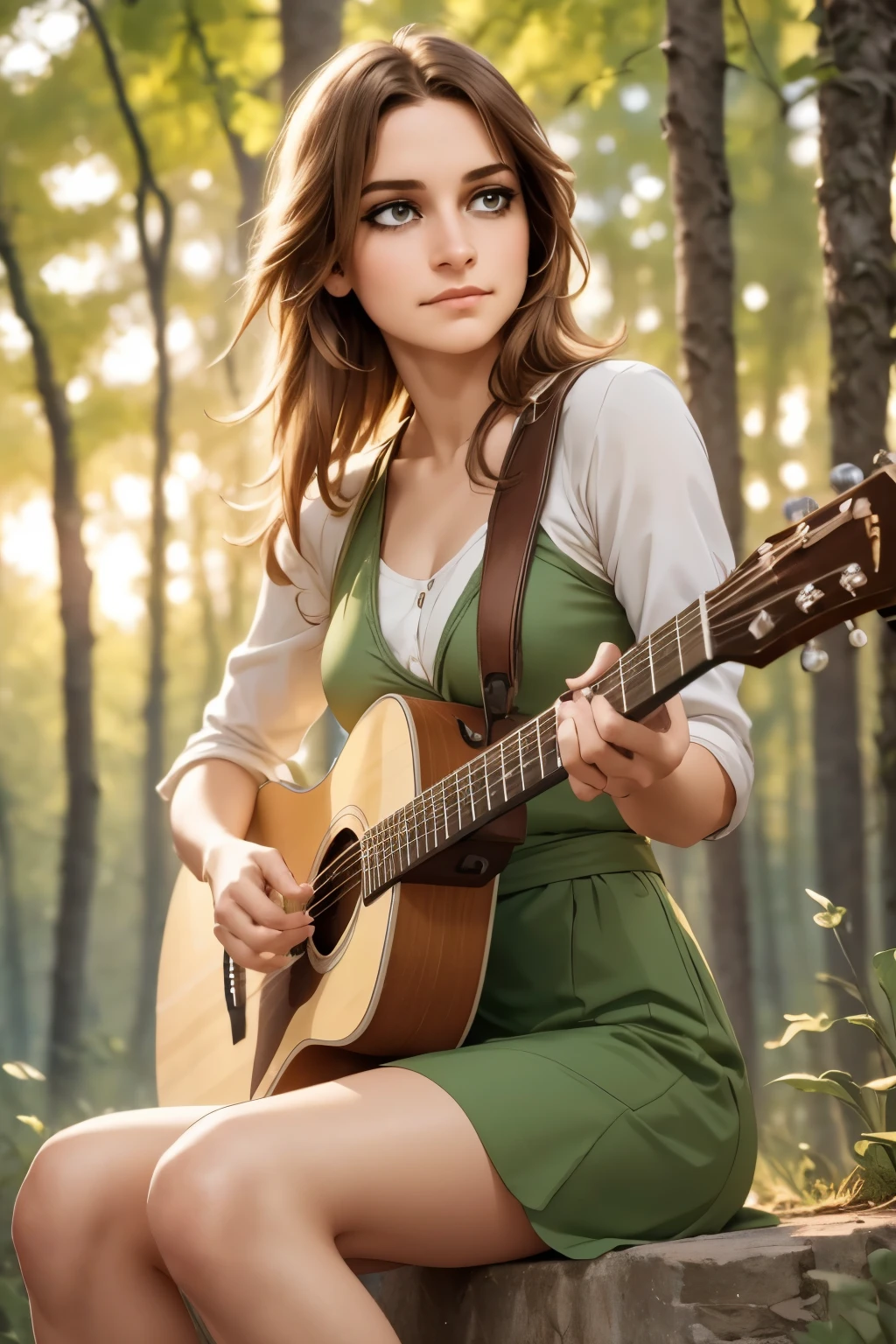 a man playing an acoustic guitar, detailed face and hands, beautiful eyes, realistic skin texture, warm lighting, sitting outdoors in a peaceful natural environment, cinematic composition, highly detailed, photorealistic, 8k, (best quality, 4k, 8k, highres, masterpiece:1.2), ultra-detailed, (realistic, photorealistic, photo-realistic:1.37), HDR, studio lighting, extremely detailed description, vivid colors, natural light, golden hour, landscape, environmental portrait