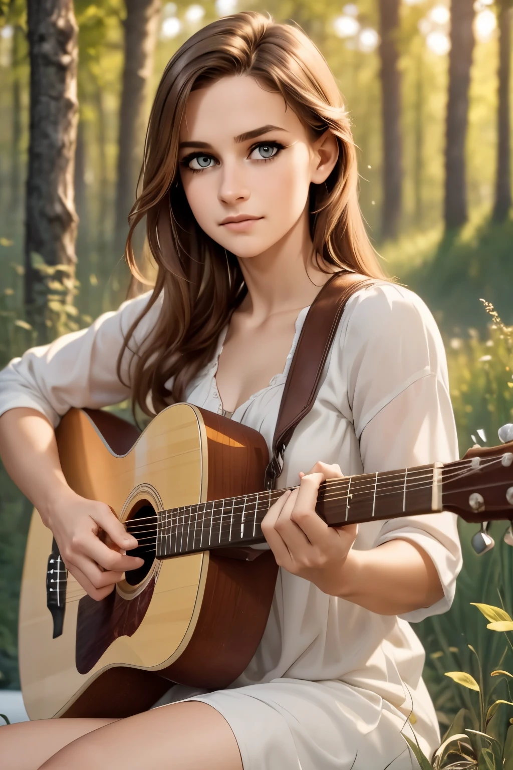 a man playing an acoustic guitar, detailed face and hands, beautiful eyes, realistic skin texture, warm lighting, sitting outdoors in a peaceful natural environment, cinematic composition, highly detailed, photorealistic, 8k, (best quality, 4k, 8k, highres, masterpiece:1.2), ultra-detailed, (realistic, photorealistic, photo-realistic:1.37), HDR, studio lighting, extremely detailed description, vivid colors, natural light, golden hour, landscape, environmental portrait