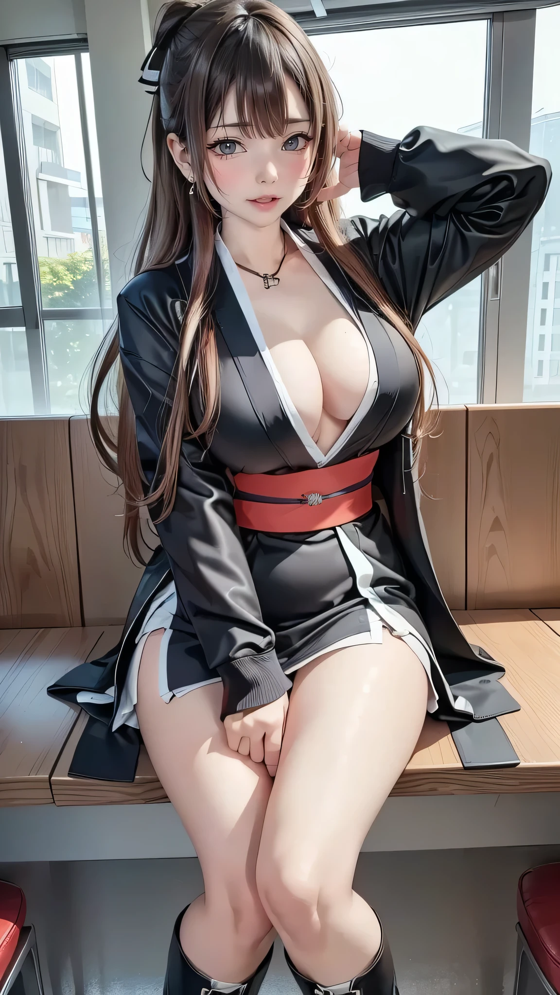 (8k、 RAW photos 、 best quality 、 Masterpiece :1.2)、( realistic、 realistic)、 1 girl、(( black coat 、 dress、 black miniskirt standing in the diner、 boots、 DOA Kasumi Blue Ikuno Kimono 、 big breasted、whole body、 Front Map 、 staring at the camera、 raises her legs high, cross legs, holds the knee , from the front , sitting 、What is NSFW))