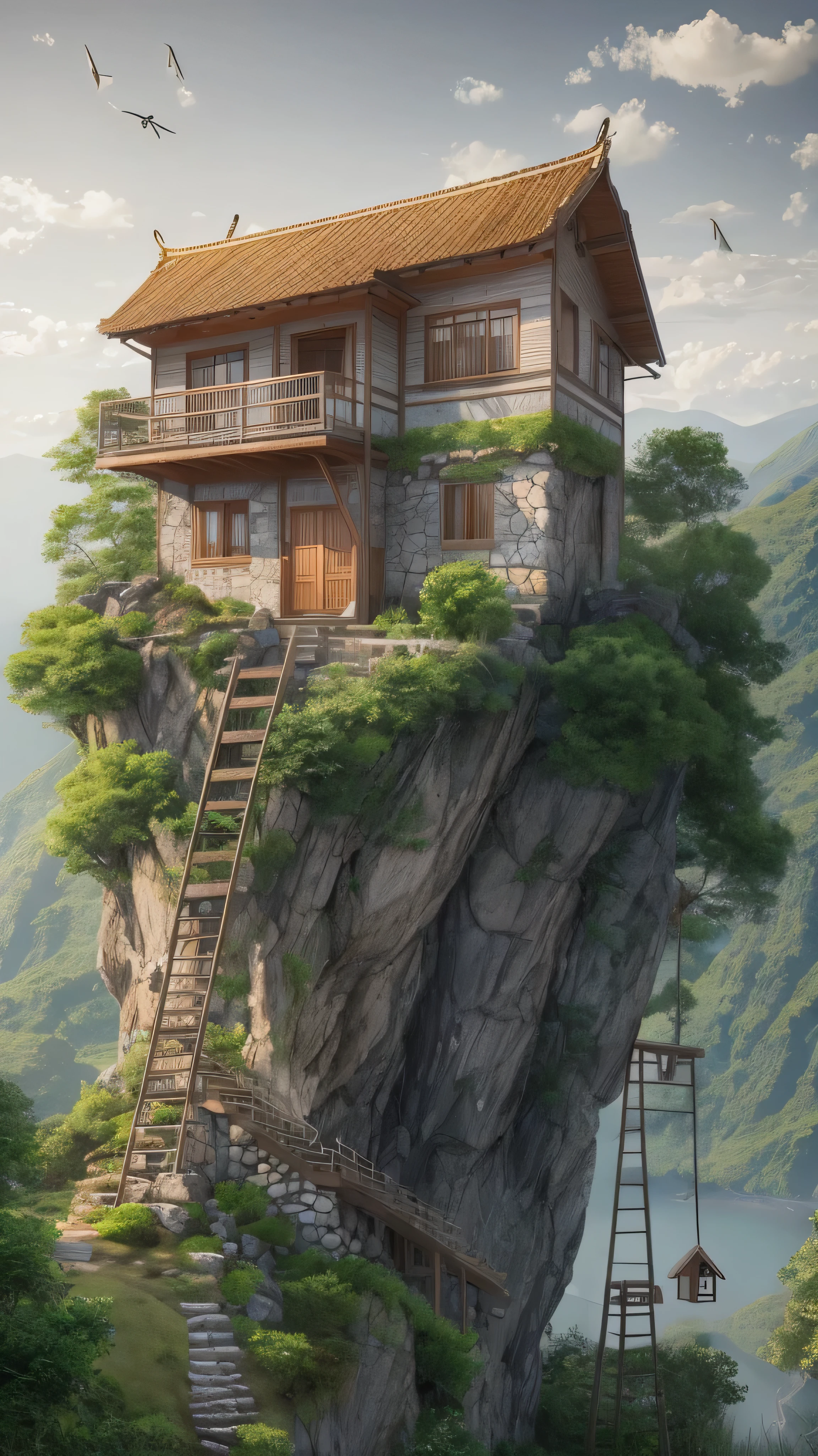 ( photo realistic 8k RAW photo ), tree-covered canyon, tree々 Many small stone houses are built on a steep slope between a ladder and {x} connected by a rope ladder, perfect focus , (no human), High Resolution , Realism, (Masterpiece), ( best quality ), very detailed, That's ridiculous., High Resolution , sharp, perfect focus , bokeh, tree々fog between ,
