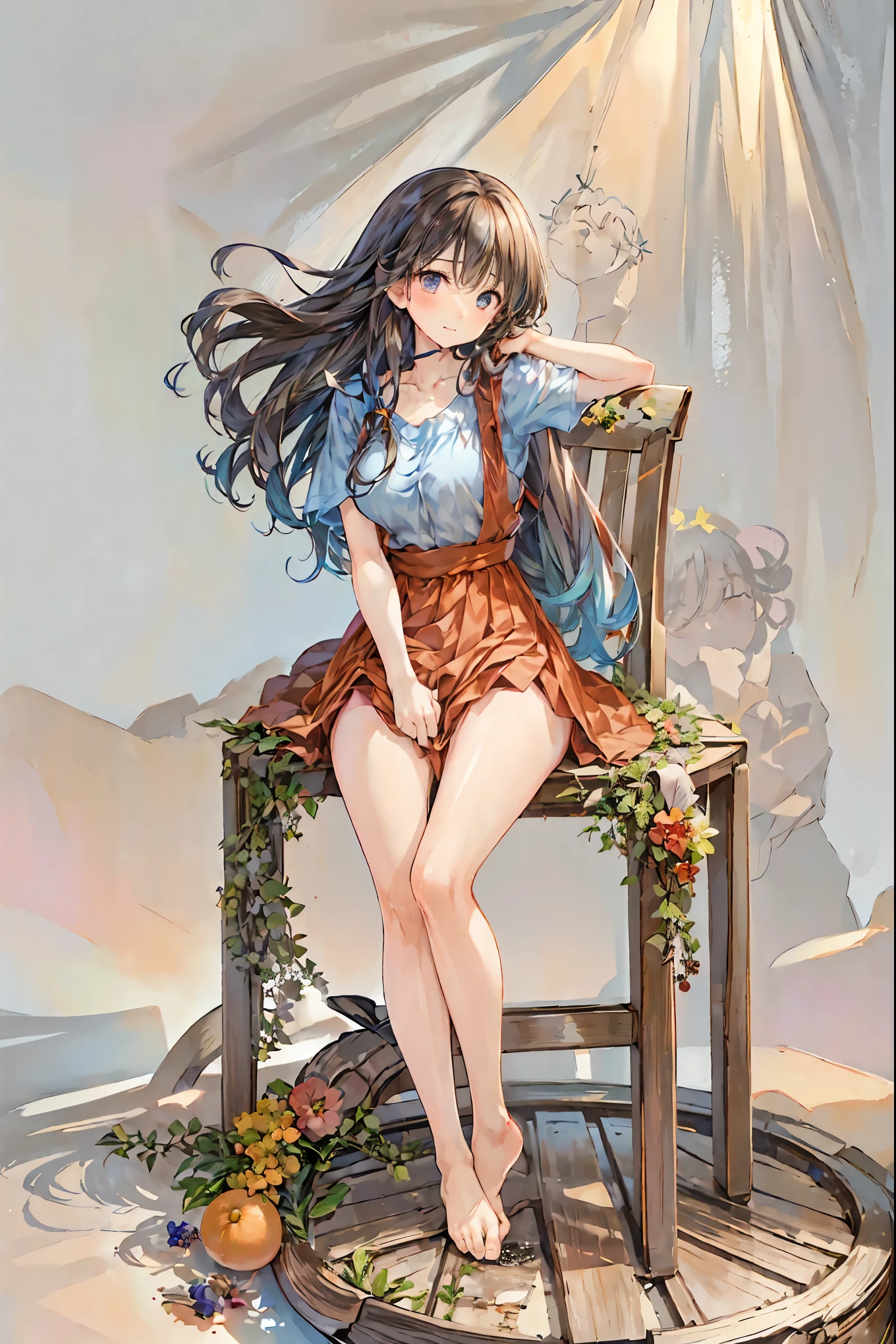 beautiful lighting, best quality, masterpiece, detailed background, shining skin, shining body, shiny skin, dynamic angle, mid shot, bewitching hips, femist, <lora:mist-nvwls-v1-final:0.8>, long hair, white scarf, orange vest, yellow dress, cleavage window, fingerless gloves, orange socks, boots, nature, mountain range, sitting, crossed legs, (knees up:1.5), panty shot, white panties, wind
