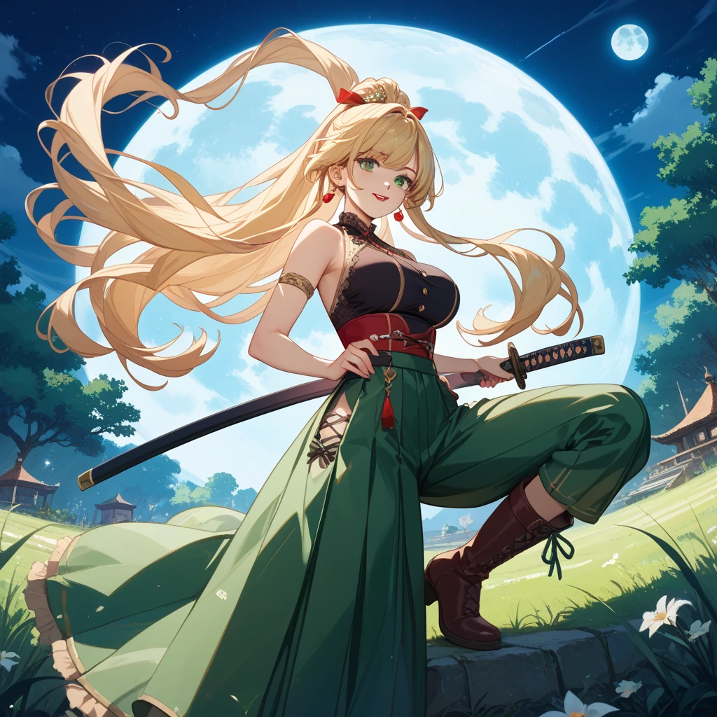the anime pornstar with boobs standing in front of a waterfall holding onto a spear, 1girl, hoshiguma yuugi, breasts, solo, single horn, sarashi, blonde hair, horns, long hair, red eyes, pointy ears, japanese clothes, open kimono, smile, kimono,hoshiguma yuugi, blonde hair