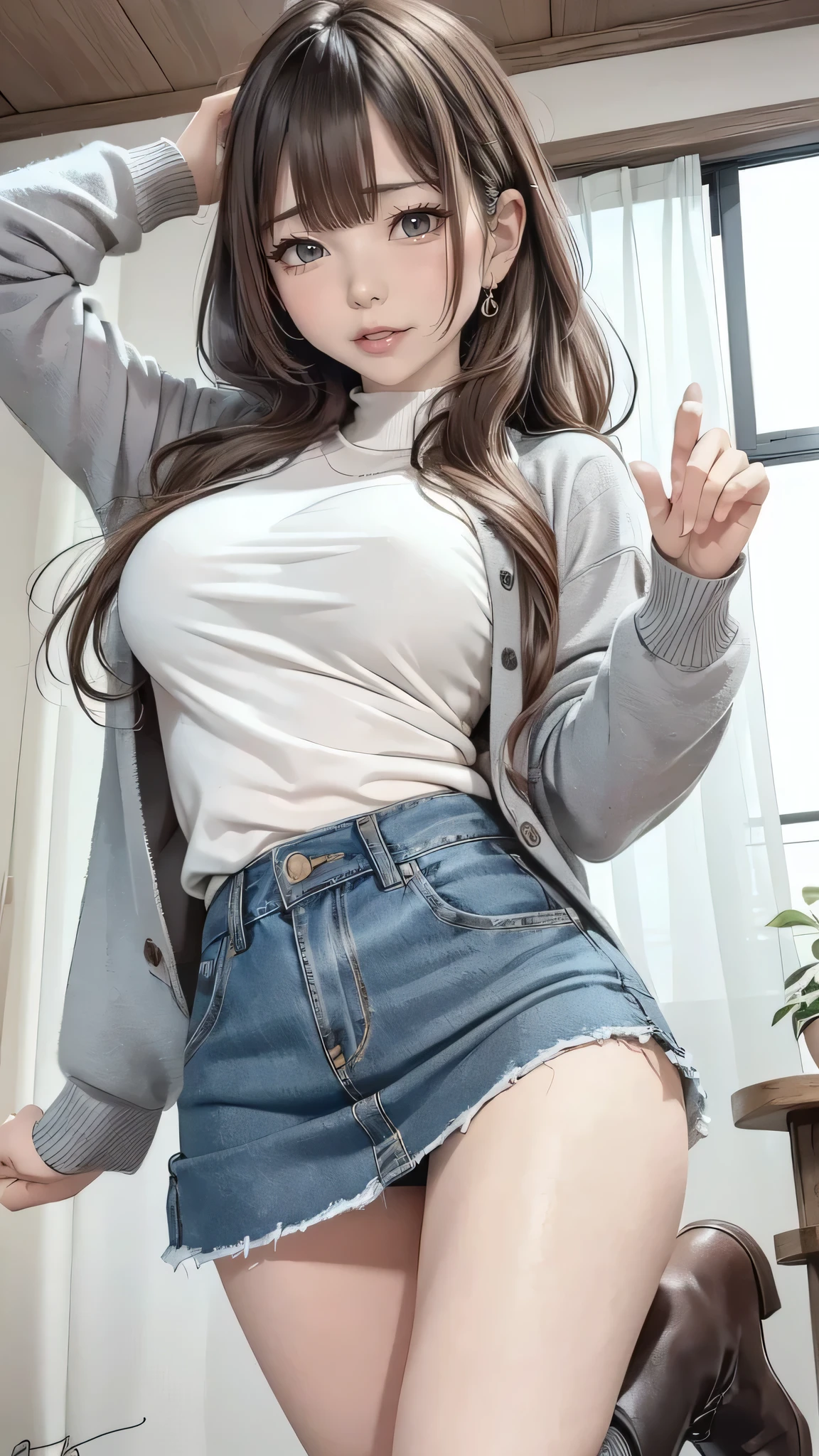 ((( Masterpiece)))、(( 1girl ))、(((8k)))、(sketch),
(signature pose)、dynamic pose,Age 18、((drooping eyes)),(Wisteria:0.1),dark gray eyes, hair,bangs,smile.
,winter Clothes 、blouson、boots、denim micro mini skirt,
(Top Quality I )、 detailed face 、 detail texture 、View the depth of the writing垂れ目, raise eyebrows , fuzzy expression ,