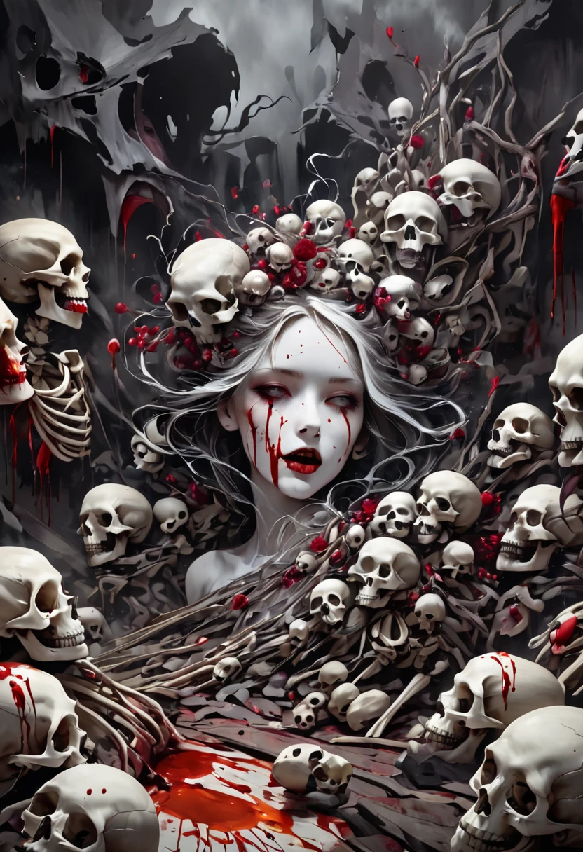 True death, death invarnate,rotting skin, rotting flesh, realistic skeletal face, undead head, gorgeous seductive body, seductive pose, dead pregnant fetus,