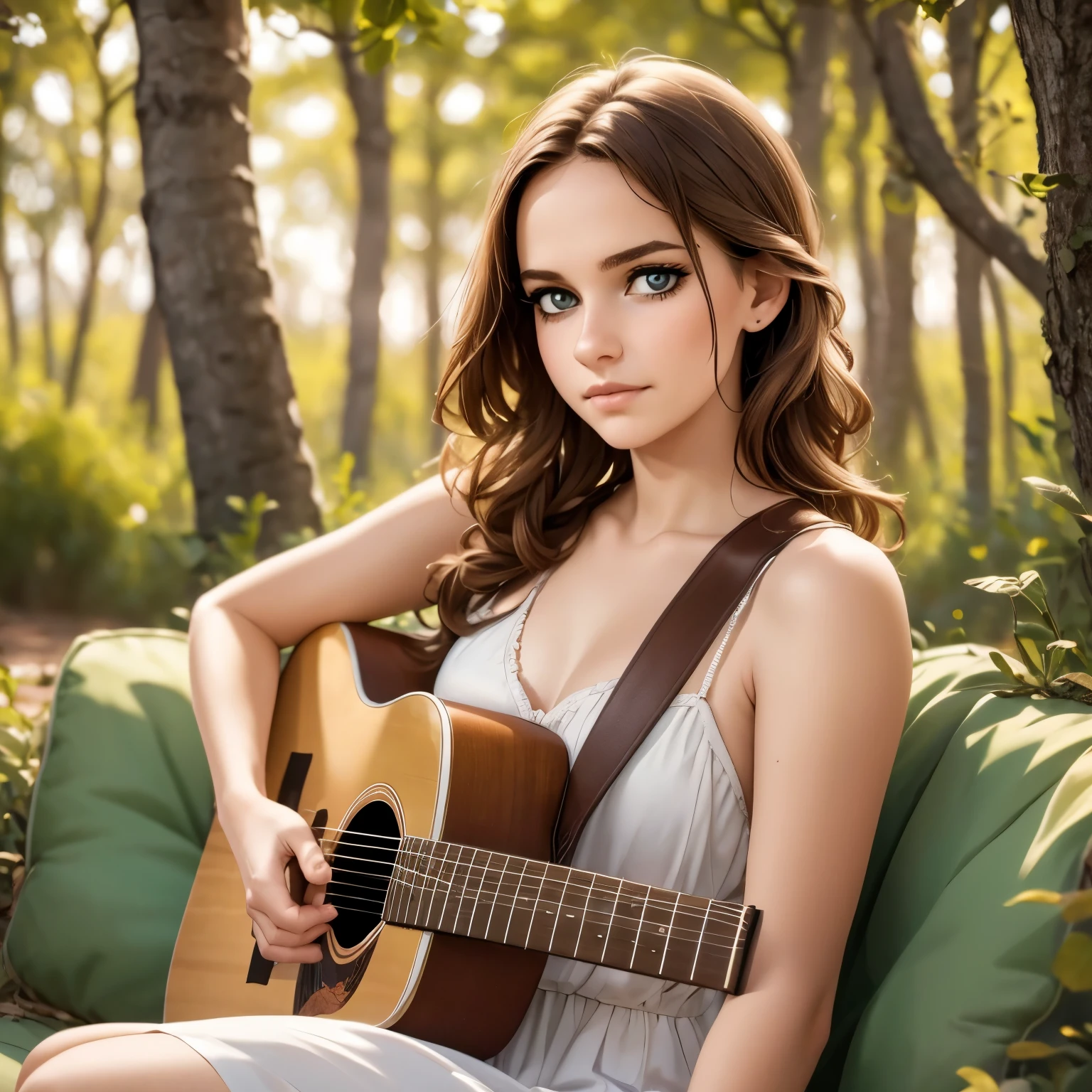 girls playing an acoustic guitar, detailed face and hands, beautiful eyes, realistic skin texture, warm lighting, sitting outdoors in a peaceful natural environment, cinematic composition, highly detailed, photorealistic, 8k, (best quality, 4k, 8k, highres, masterpiece:1.2), ultra-detailed, (realistic, photorealistic, photo-realistic:1.37), HDR, studio lighting, extremely detailed description, vivid colors, natural light, golden hour, landscape, environmental portrait