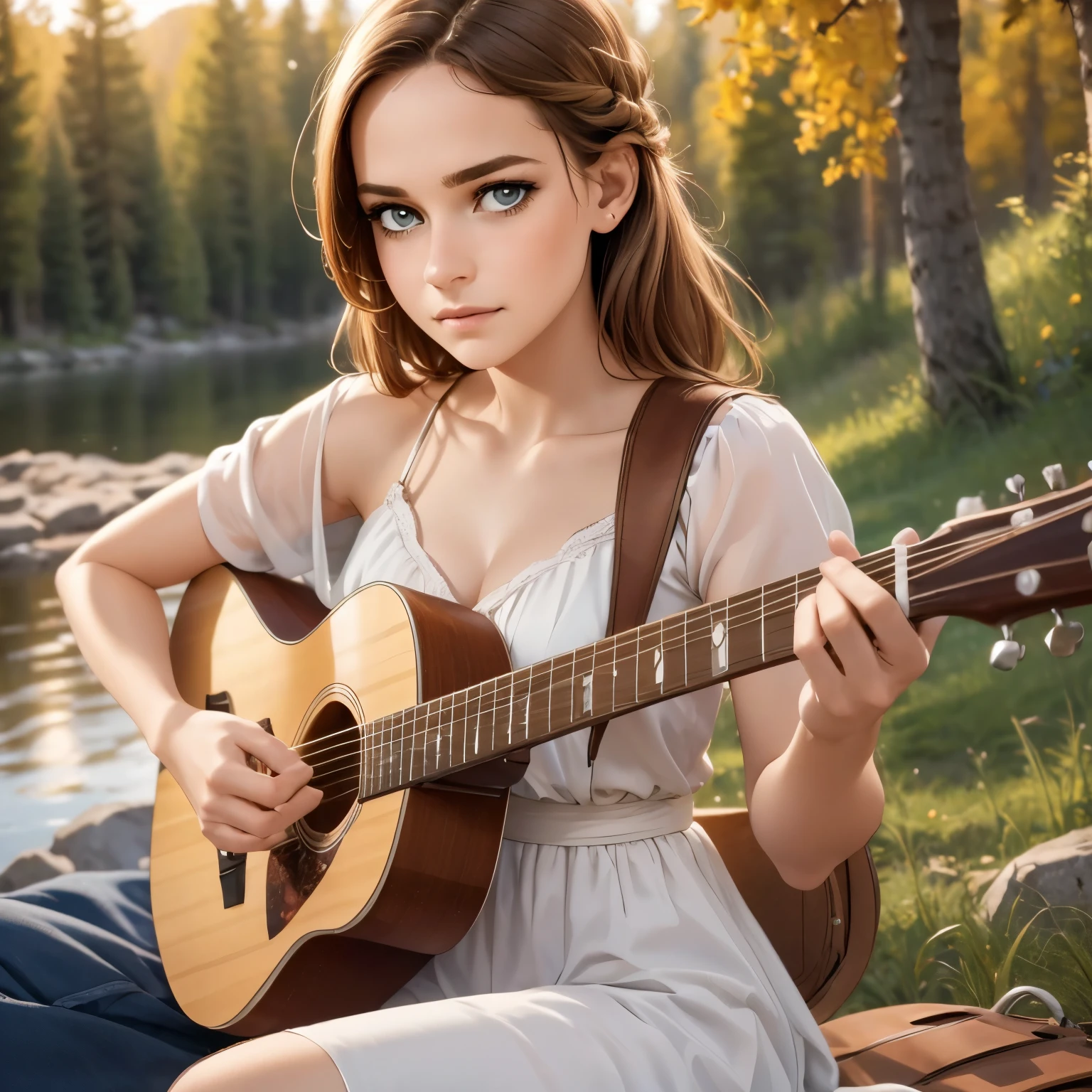 girls playing an acoustic guitar, detailed face and hands, beautiful eyes, realistic skin texture, warm lighting, sitting outdoors in a peaceful natural environment, cinematic composition, highly detailed, photorealistic, 8k, (best quality, 4k, 8k, highres, masterpiece:1.2), ultra-detailed, (realistic, photorealistic, photo-realistic:1.37), HDR, studio lighting, extremely detailed description, vivid colors, natural light, golden hour, landscape, environmental portrait
