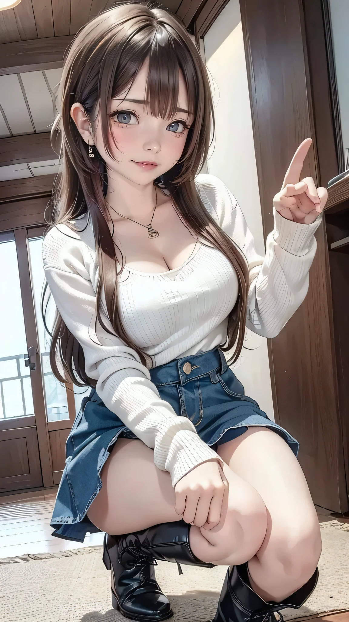 ((( Masterpiece)))、(( 1girl ))、(((8k)))、(sketch),
(signature pose)、dynamic pose,Age 18、((drooping eyes)),(Wisteria:0.1),dark gray eyes, hair,bangs,smile.
,winter Clothes 、blouson、boots、denim micro mini skirt,
(Top Quality I )、 detailed face 、 detail texture 、View the depth of the writing垂れ目, raise eyebrows , fuzzy expression ,