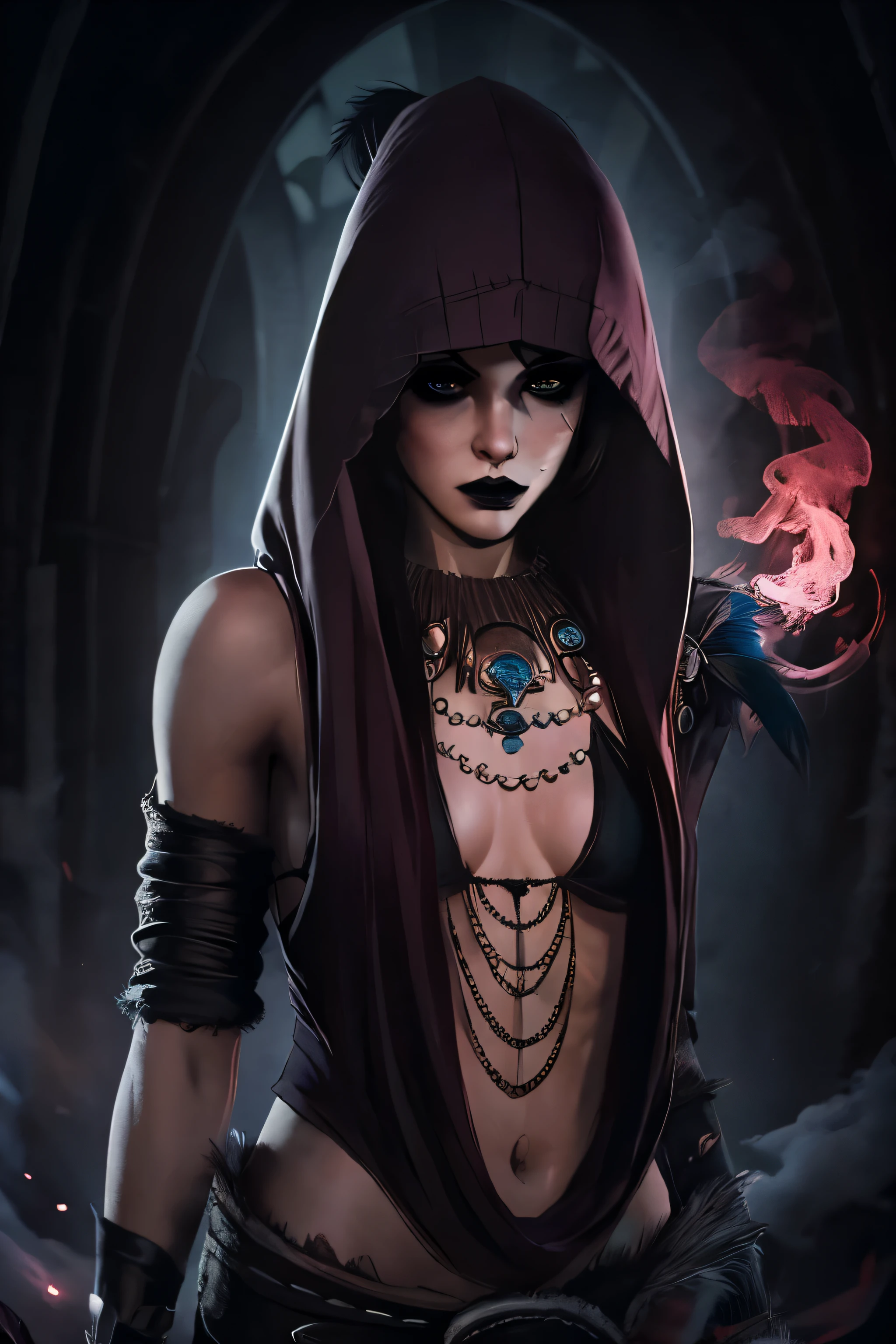 (Best quality, masterpiece), 1Woman, Beautiful Woman, Black Hair, Small Breasts, morrigan, mrgn outfit, mrgn hood, mrgn bra, mrgn necklace, (Black Bra), Maroon Hood, Black Makeup, Smoky Eye shadow, Dark Eyeliner, Long Eyelashes, Extremely Detailed eyes, full body