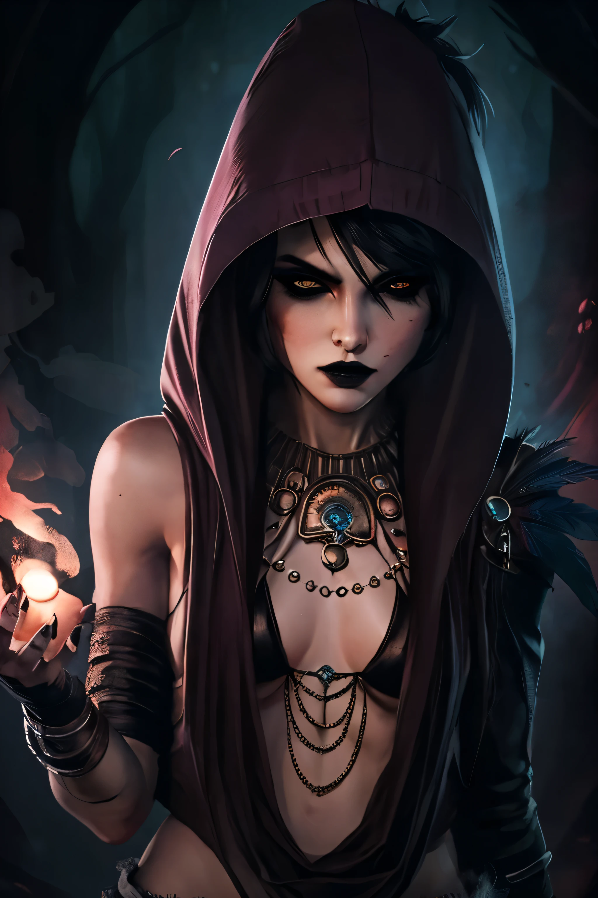 (Best quality, masterpiece), 1Woman, Beautiful Woman, Black Hair, Small Breasts, morrigan, mrgn outfit, mrgn hood, mrgn bra, mrgn necklace, (Black Bra), Maroon Hood, Black Makeup, Smoky Eye shadow, Dark Eyeliner, Long Eyelashes, Extremely Detailed eyes