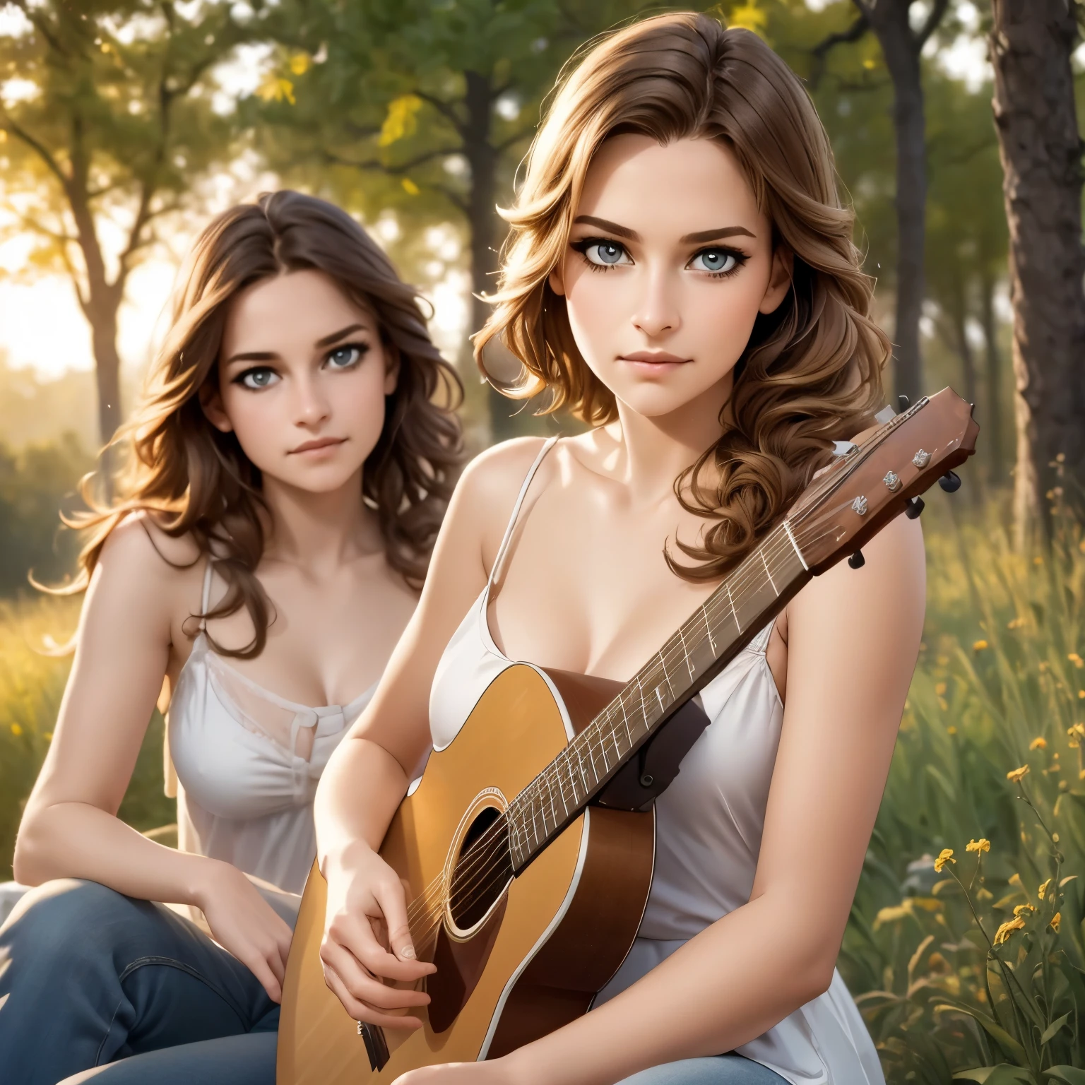 girls playing an acoustic guitar, detailed face and hands, beautiful eyes, realistic skin texture, warm lighting, sitting outdoors in a peaceful natural environment, cinematic composition, highly detailed, photorealistic, 8k, (best quality, 4k, 8k, highres, masterpiece:1.2), ultra-detailed, (realistic, photorealistic, photo-realistic:1.37), HDR, studio lighting, extremely detailed description, vivid colors, natural light, golden hour, landscape, environmental portrait