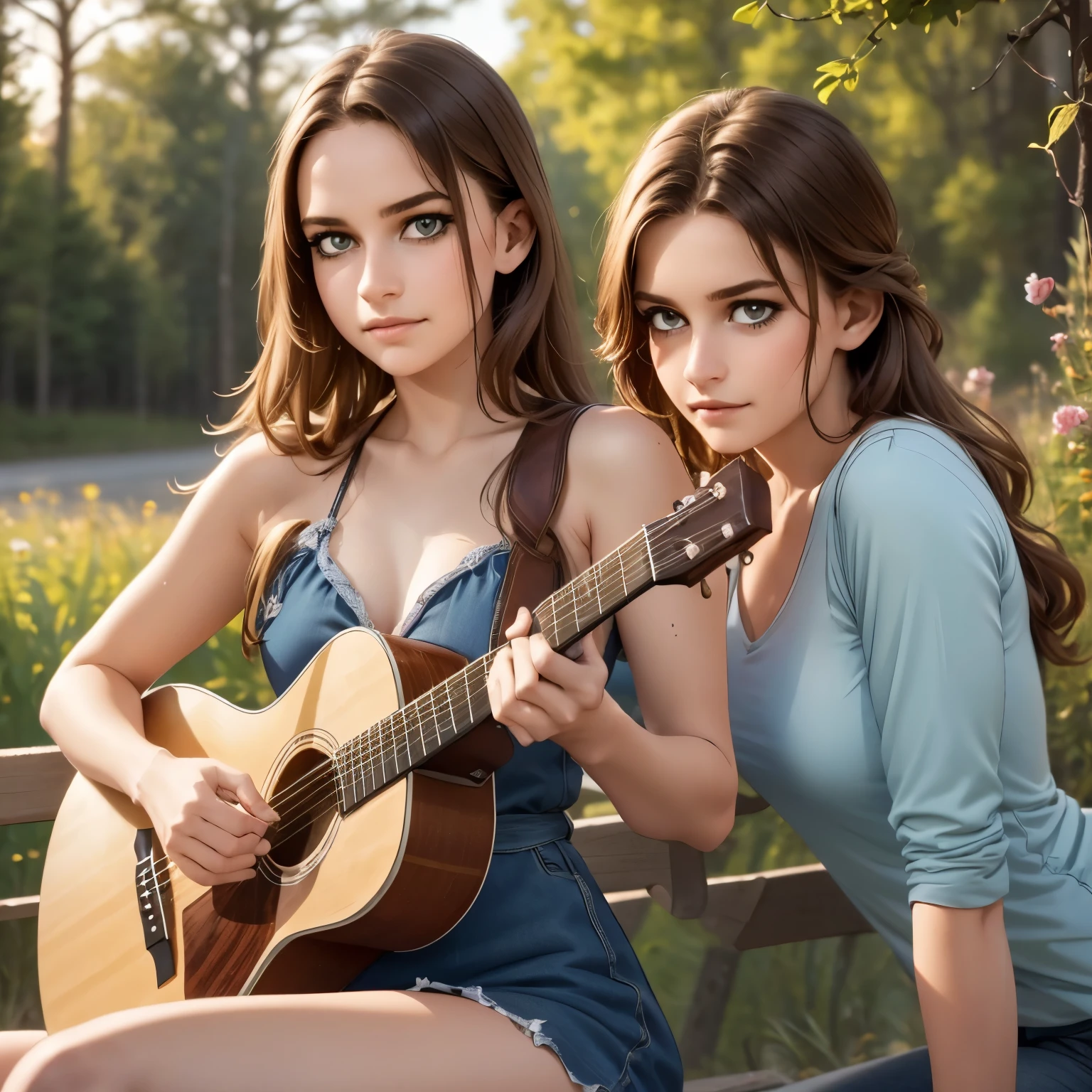 girls playing an acoustic guitar, detailed face and hands, beautiful eyes, realistic skin texture, warm lighting, sitting outdoors in a peaceful natural environment, cinematic composition, highly detailed, photorealistic, 8k, (best quality, 4k, 8k, highres, masterpiece:1.2), ultra-detailed, (realistic, photorealistic, photo-realistic:1.37), HDR, studio lighting, extremely detailed description, vivid colors, natural light, golden hour, landscape, environmental portrait