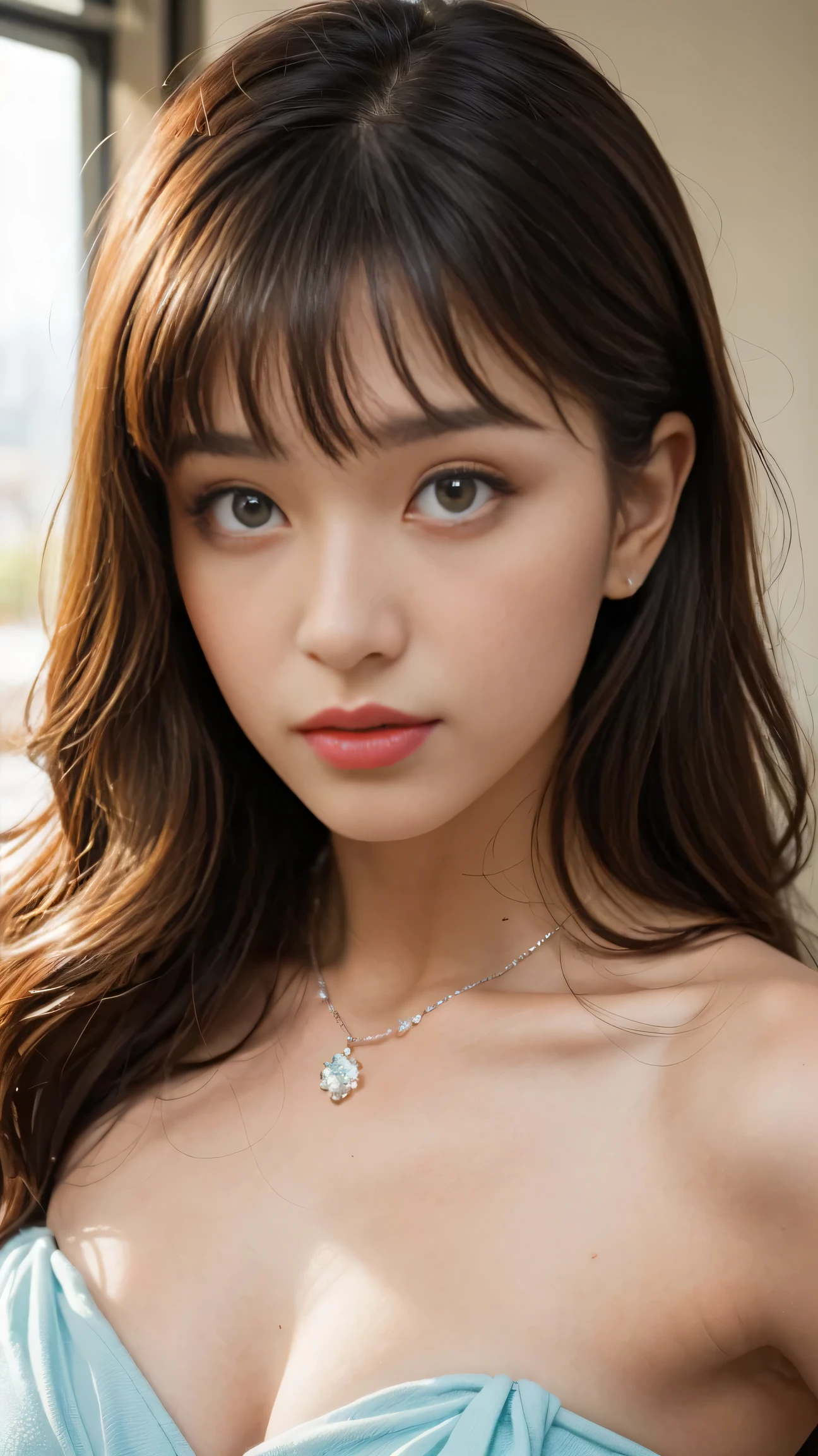 1girl, 16 years old, Cute clothes, slim and slender physique, Skin is detailed and very detailed eyes, high detailed skin texture, Has a Slender Necklace, Colorful dress with colorful hair
