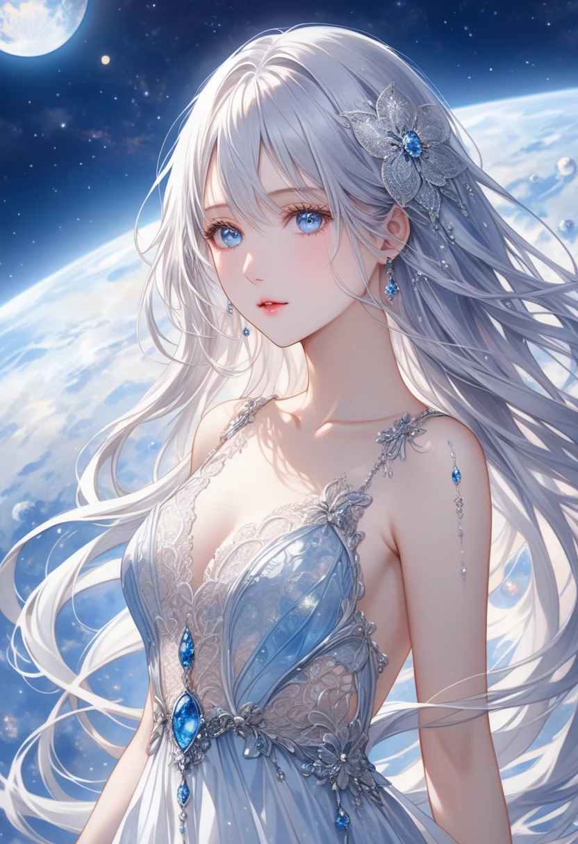 ((Top Quality)), ((Masterpiece)), (Details),
(complex), (8K), (HDR), (wallpaper), (cinematic lighting), (sharp focus)
Perfect face, ZRPG style, floating woman in the sky,
Bend your elbows and spread your hands like a bodhisattva,
Make a circle with your thumb and forefinger (smiling expression: 1.4),
(Silver long hair: 1.2), shining pure white dress, bust not big, glitter, fantastic night background,
A forest of fantasy, filled with A shower of dazzling rainbow color light,
, midnight, moonlight, backlight,
