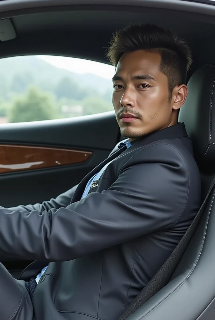 Elegant man sitting in the seat of a supercar, young man, Wearing a suit with the crotch showing his ???? draped upwards., Realistic picture, Dark hair, no beard, handsome Korean man , 16k resolution. , high quality 