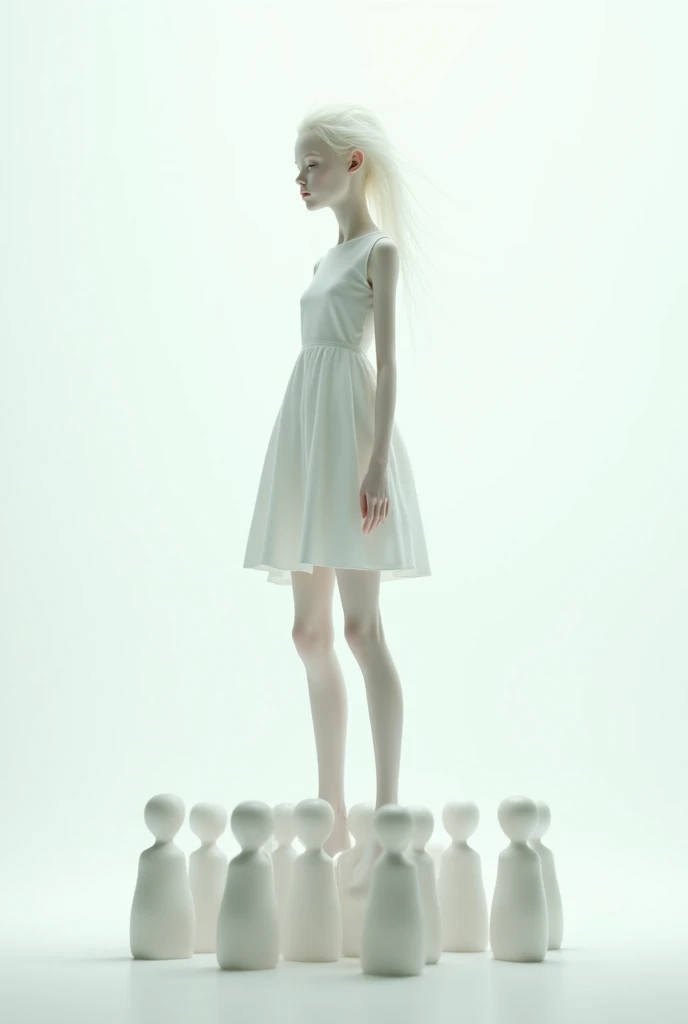 Photo of child mannequin, white plastic, wearing black dress, garden background, full body, happy face, blue eyes, brown wig, zoomed out, happy, inanimate, mannequin stand, shiny mannequin pole
