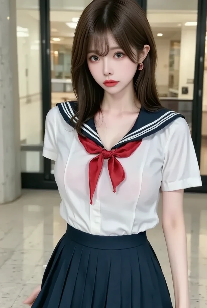 top-quality,ultra-detailliert,masterpiece,realisitic,Photo Real,Bright lighting,1 girl in, an extremely beautiful , (kawaii:1.2),Thin smile, (Brown eyes),(brown haired),(bangss),perfect glossy skin,flawless skin,((erotick,Sexy and sexually explicit)),((accurate hands without incongruity)), large full breasts,big breasts thin waist, Look at viewers,((a sailor suit)),((Short sleeve uniform white shirt)),(red necktie),(Blue Mini Pleated Skirt),(((skirt lift by yourself))),(lifted by self),(Showing panties),panties on,panties focus,((Sit up,spread legswide)), sockes, (Black knee socks),(Loafer shoes), during daytime,On the train,Horizontal long seat with your back to the window