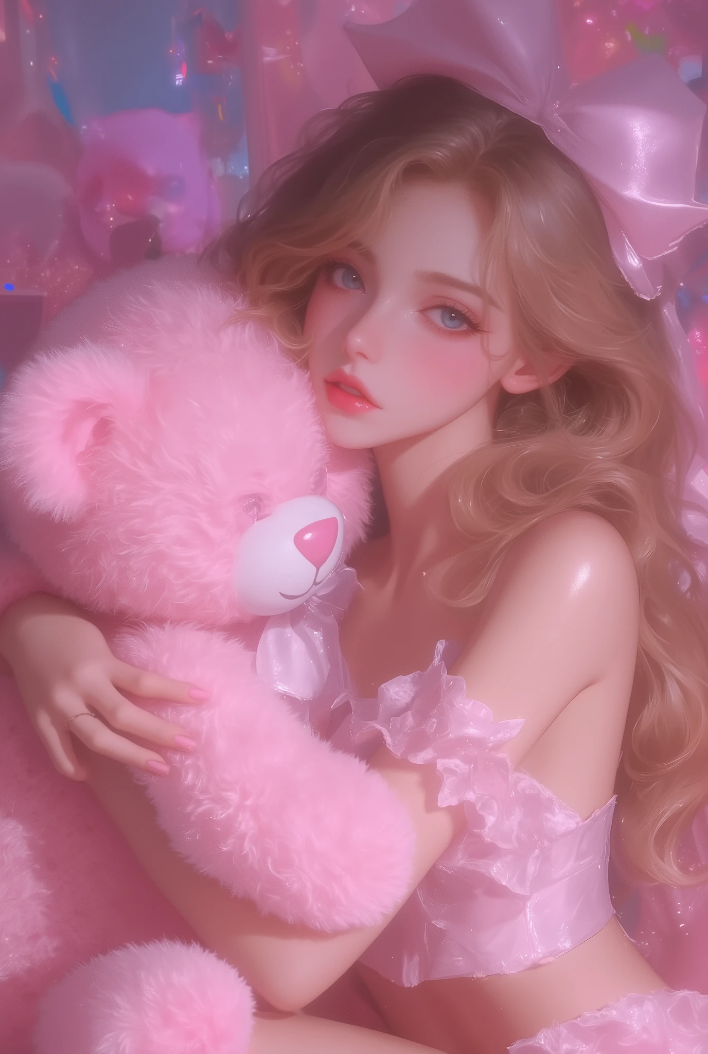 Best quality,masterpiece,ultra high res,beautiful, extremely detailed face, perfect lighting, perfect face, 16k, beautiful women, 1 garota , 16k, Best quality,masterpiece,ultra high res,beautiful, extremely detailed face, 16k,  O tempo se passa nos tempos modernos. In a room full of colorful plushies and cute things, there is a girl hugging a pink teddy bear. The teddy bear is very furry and pink, also very big. The girl wears a furry pink top and a furry pink short skirt, the girl's hair is decorated with a light pink bow, and the girl's nails are painted pink. The girl has an ethereal and delicate beauty, with long golden blonde hair, blue eyes, slightly pink cheeks and full pink lips.