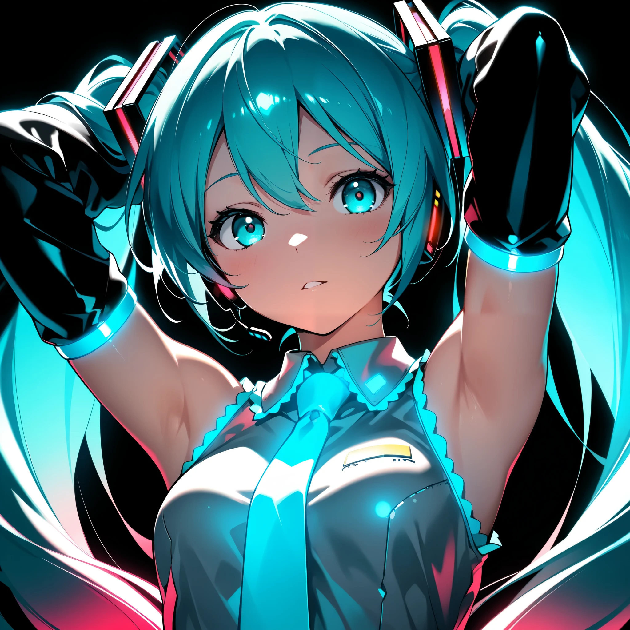 Anime girl with blue hair and headphones holding up her hands（hatsune ...