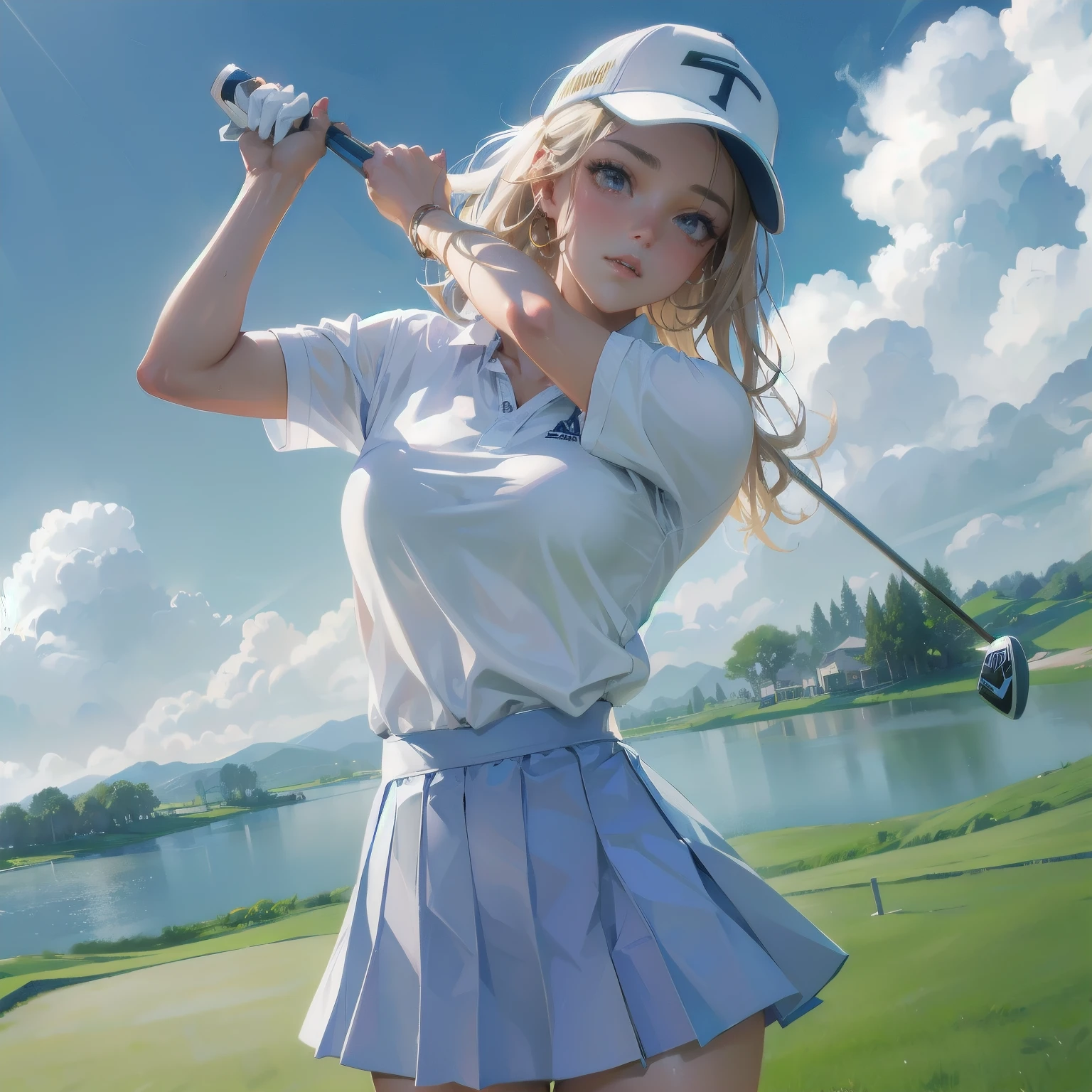 masterpiece, (textured skin), best quality, gorgeous beautiful girl, (a female golf athlete), detailed clothes,large breasts,narrow waist,, (beautiful face), cinematic lighting, (at golf venue ),