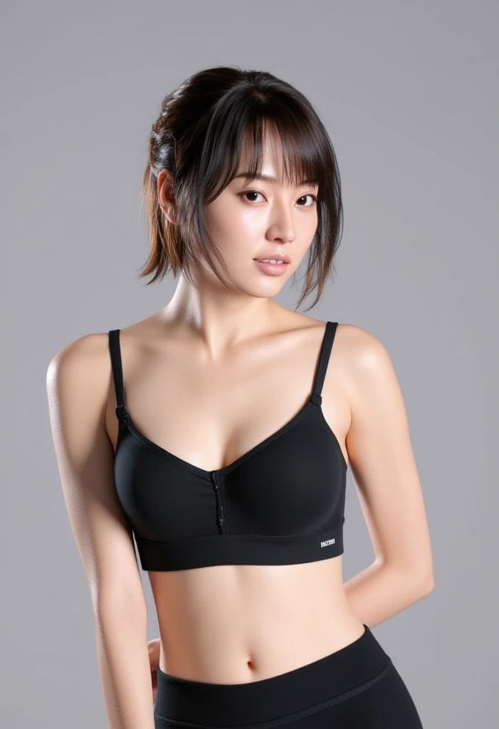 highest quality、highest quality、realistic、unity、8k wallpaper、official art、Highly detailed CG unity 8k wallpaper、super detailed、High resolution、Physically based rendering、super detailed,grow, finely,1 girl、(medium hair)、(smile:1.1)、slim face、cute woman、highly detailed face、detailed eye、double eyelid、Kamimei、(glowing skin)、(tanned skin)、(real looking skin)、gray background、(((belly button、spread legs)))、frontage、slim face、professional lighting、(light shines on your face:1.5)、best light,chest stands out、beautiful navel