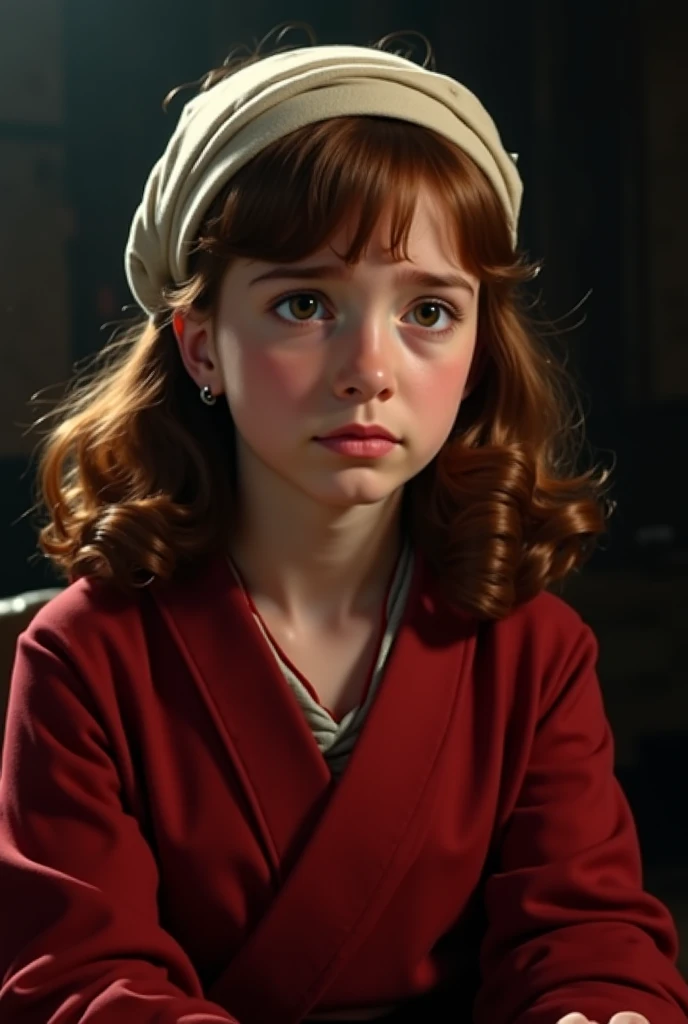 England, 1327. A little ((((10-year-old)) Caris Wooler)), attractive, expressive eyes, at home, ((very sad expression, crying)). ((((clothings from the 1300s, gown)))), ((light chestnut hairstyle of the 1300s))