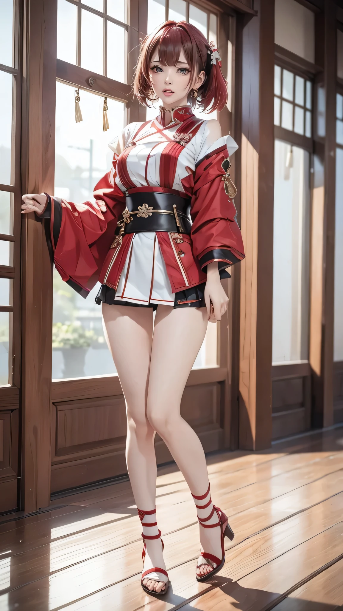 Mai Shiranui, (best qualityer,ultra details),(realisitic:1.37), beautiful and detailed face, ultra-realisitic texture, Exquisite face, athletic body, bright coloured. High definition, 8k, wearing red lipstick, rosy cheeks.