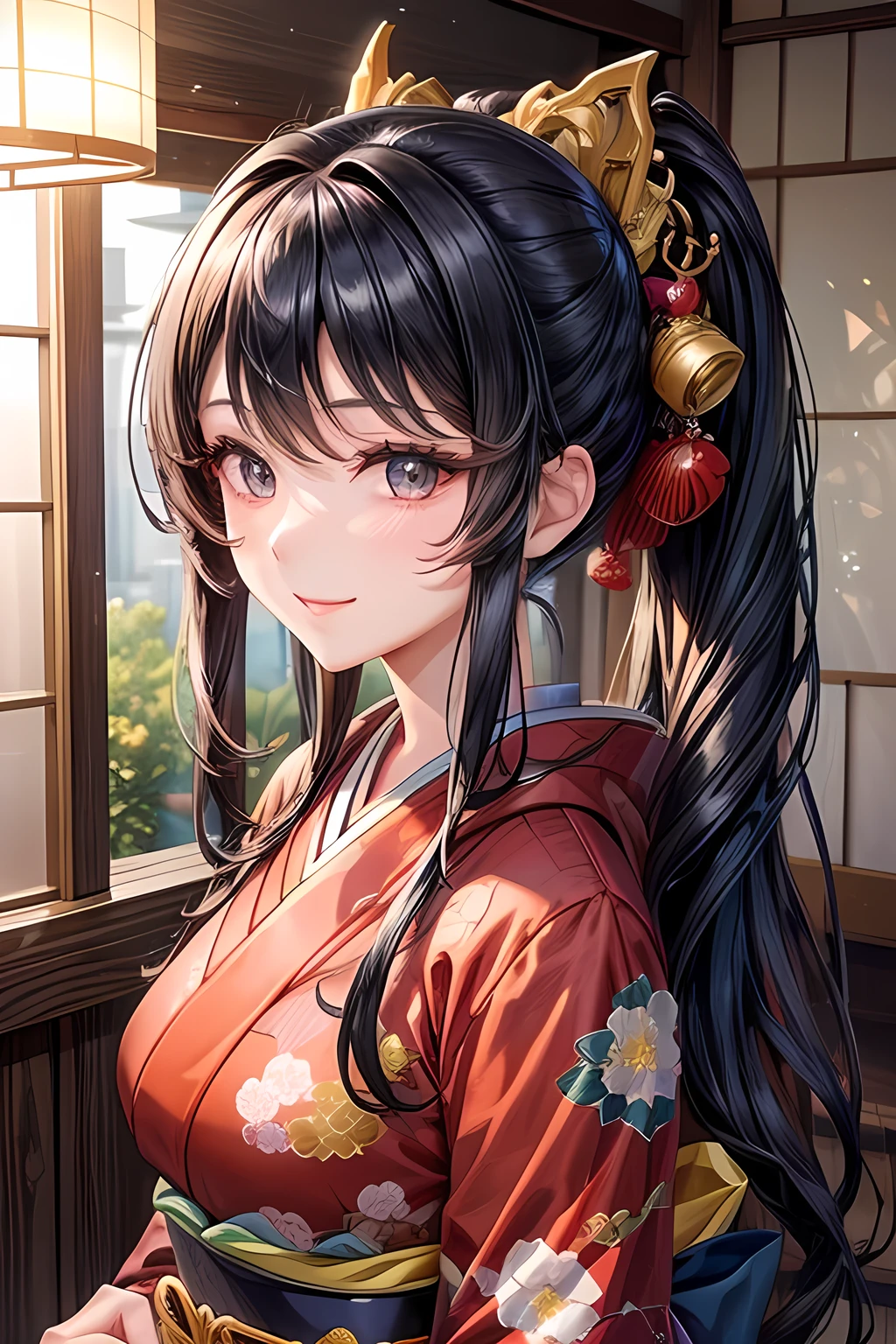 A BEAUTIFUL JAPANESE WOMAN DESIGNED IN THE HIGHEST QUALITY 。 her eyes are expressive 、 perfect face。 She has the charm of cute anime characters.、 wearing a beautiful Japanese kimono 。 The kimono is embroidered with a dragon ..、 Features Black and Red Colors 。 She has long dark hair common among Japanese women .、 Has a Ponytail Hairstyle 。 Her Single Eyelid Is Attractive 、 SHE HAS A SEXY LOOK WITH HOODED EYE EYES 、DEEP SET HAIRSTYLE 。 HER SMILE EXTREMES A MYSTERIOUS ATTRACTION 、 SHE LIGHTEN THE SITUATION WITH BEAUTIFUL IMAGES 。