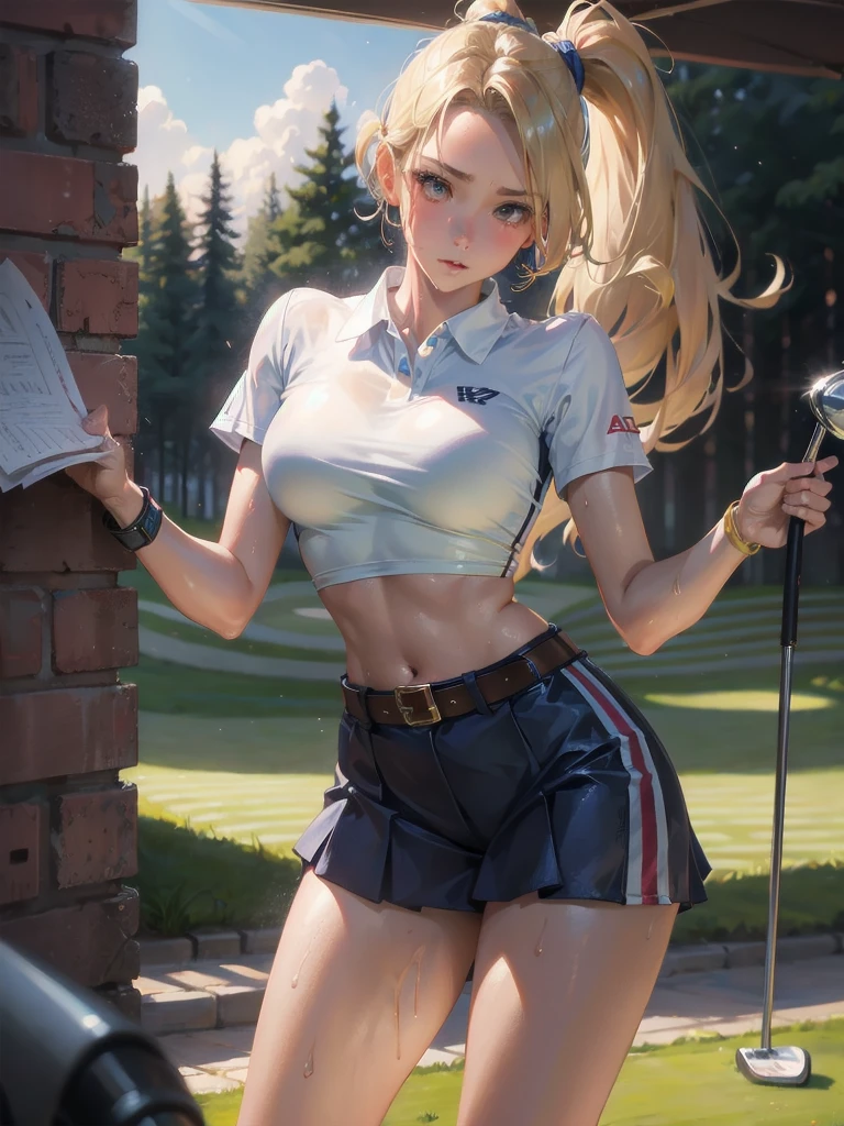 Best Quality, masutepiece, High resolution, (Photorealistic:1.4), Raw photo, 1 beautiful girl ,Women's golf player, small head,Large breasts,Training Abs,nice legs, Glowing skin, Sweat,In the field of golf,(Detailed beautiful face:1.4),detailed skins,Detailed eyes,detailed hairs,Cool,Beautiful,