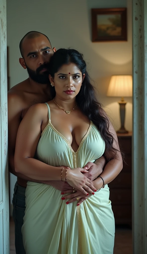 A beautiful gorgeous plump Indian 45-year-old woman wearing saree, huge breasts, cleavage, big ass, hot body curves, cuddling a 21 years old handsome man in bedroom, both are kissing cuddling passionate sexy pose, man wearing shirt and pant
