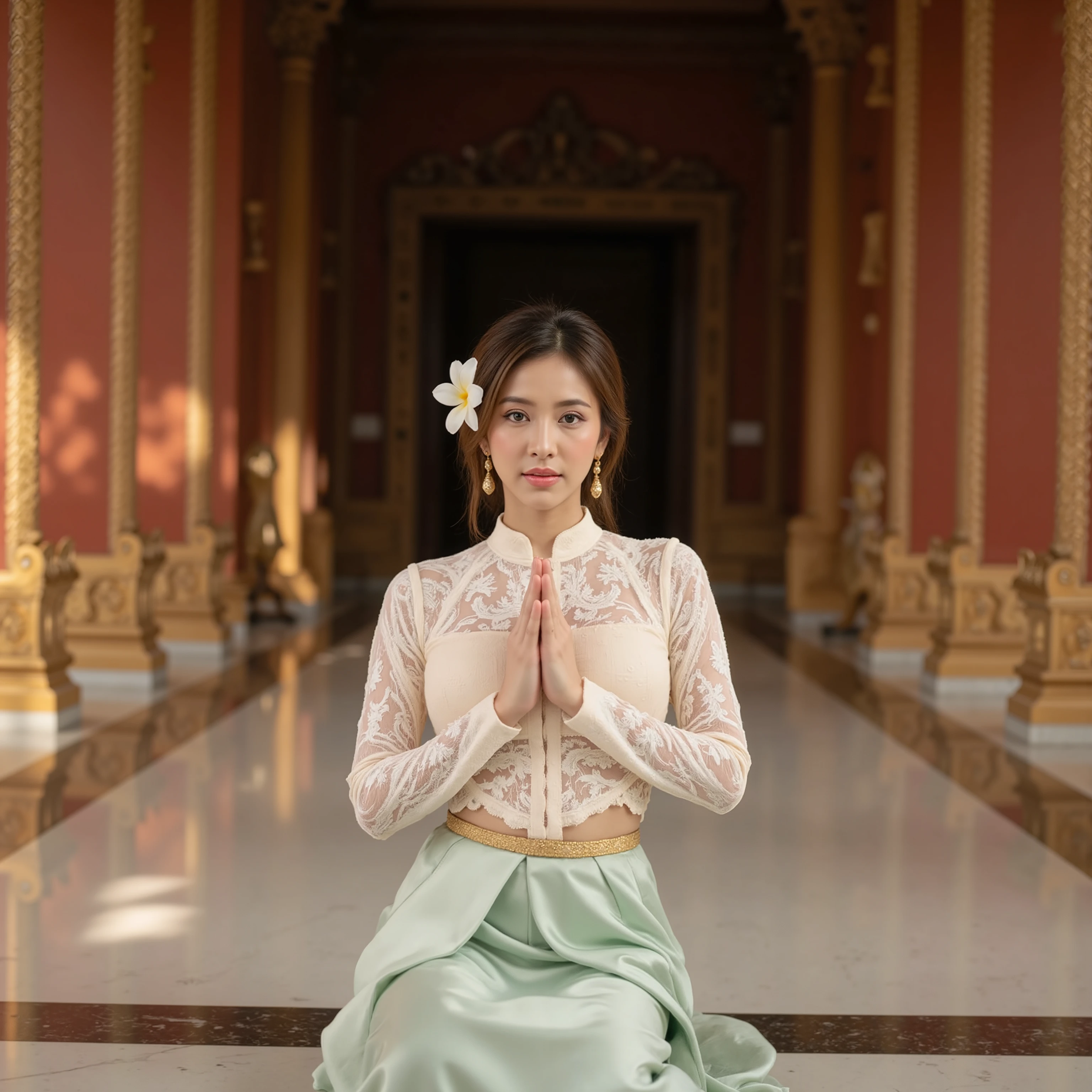 A full-body portrait of a stunning Thai woman dressed in traditional Thai attire. She wears a cream-colored lace top with a high collar and long sleeves, paired with a mint-green silk sarong adorned with a golden belt detail. Sitting gracefully on a polished temple floor in a traditional Thai sitting position, she performs a respectful wai gesture with a serene expression. Her hair is styled in a classic Thai updo, decorated with a single white plumeria flower, and she accessorizes with elegant golden drop earrings and a matching necklace. The setting is a grand Thai temple corridor, featuring intricate golden-carved pillars and warm sunlight filtering through columns, casting dramatic shadows and light. The symmetrical composition highlights the red and gold pillars, leading toward a dark doorway, while the polished marble floor mirrors the scene. The image is captured in soft cinematic lighting, with a dreamy, film-like quality.