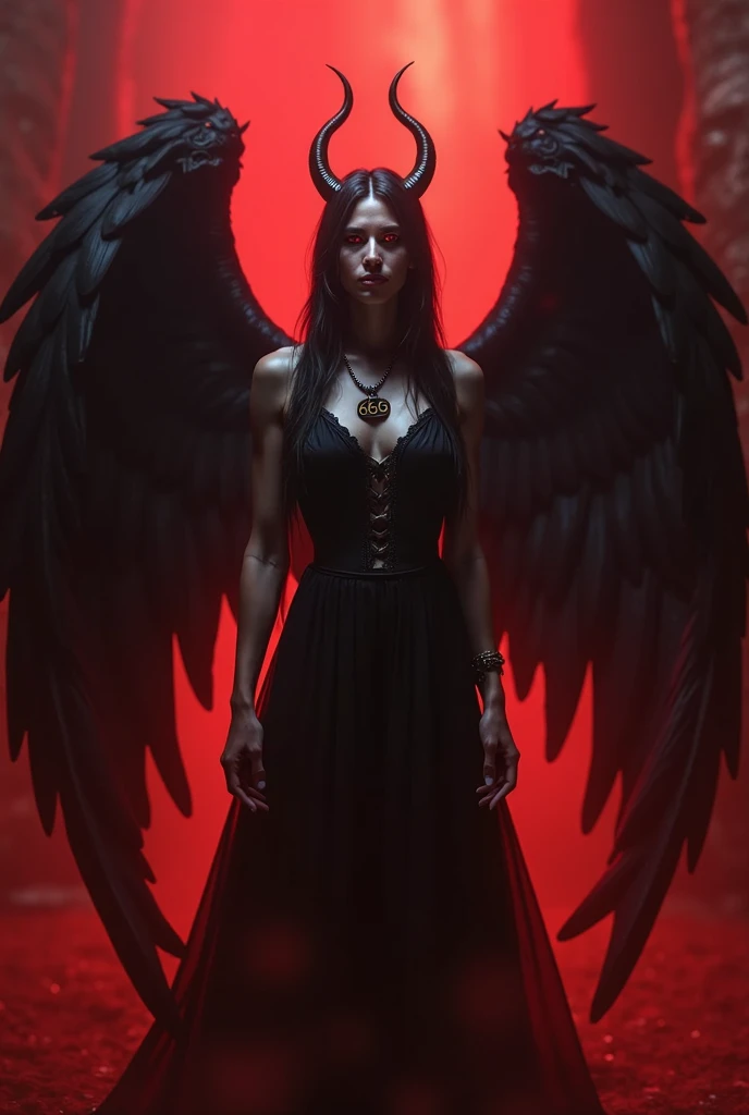 A breathtaking, hyper-realistic portrayal of a young woman exuding an aura of dark mystique and undeniable power. She stands in a defiant, assertive pose with her left hand confidently resting on her hip, her large, jet-black wings slightly unfurled behind her, casting deep, ominous shadows. Her flowing, wavy hair, a rich shade of deep violet, cascades around her face, partially obscuring her sharp, striking features. From her forehead, a pair of small, elegantly curved horns emerge, adding to her otherworldly appearance, while just below, a glowing red pentagram is intricately etched into her pale skin, pulsating softly with an ethereal light that contrasts starkly against the dim surroundings.
Her expression is one of calm and calculated confidence, her lips curled into a subtle, knowing smile, as if she holds the secrets of the dark forces she commands. The background is a hauntingly detailed, ancient stone wall, weathered by time and marked by the remnants of dark rituals. The wall is adorned with a large, crimson pentagram, painted with a mixture of blood and shadow, the paint still fresh enough to glisten in the low light. Chains dangle from above, their links thick and heavy, ending in skulls that seem to peer out from the darkness with hollow, lifeless eyes.
The atmosphere is thick with tension, as if the very air is charged with the residual energy of countless rituals performed within these walls. The lighting is meticulously crafted, with a low, dramatic illumination that enhances every texture—the roughness of the stone, the gleam of the chains, the soft yet menacing sheen of her wings. The shadows are deep and enveloping, creating a stark contrast that draws the viewer’s gaze to her piercing eyes and the glowing pentagram.
Captured with a high-definition, cinematic lens and a shallow depth of field, the focus is sharply on her determined expression and the intricate details of her otherworldly features. The background, slightly blurred,