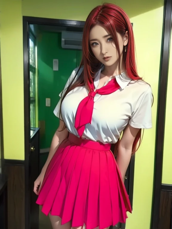perfect face, cute girl, big breasts, red hair, naked, red belt, red tie, living room, clicking photos