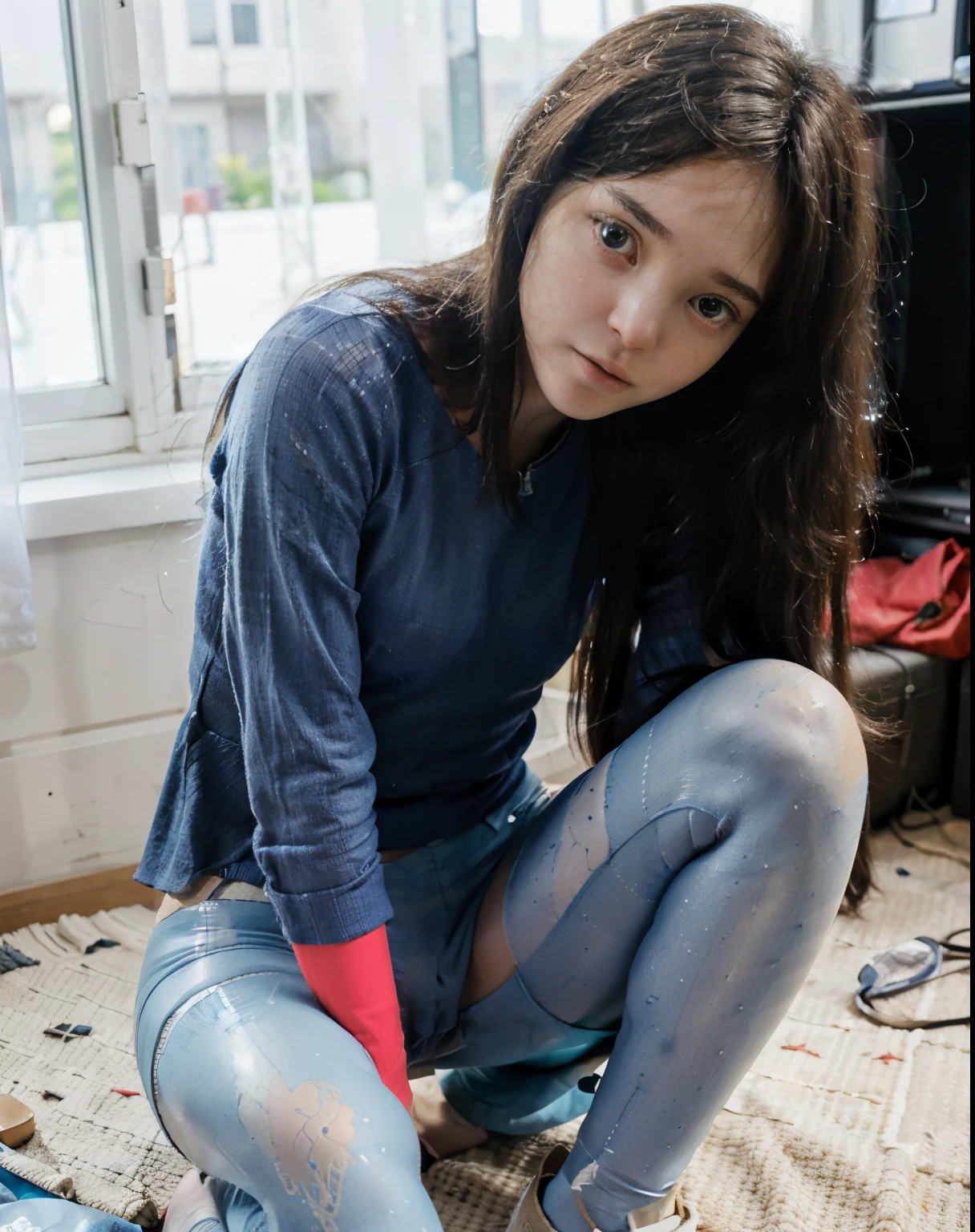 (16k、 RAW photos , top quality, masterpiece)、(Actual photo:1.2)、 Realistic Pictures, score_9, score_8_up, score_7_up, , beautiful big eyes, cute face, sexy body, sexy legs, exposed crotch, full sexy body, sexy woman in blue leggings crouching on the floor, front view 